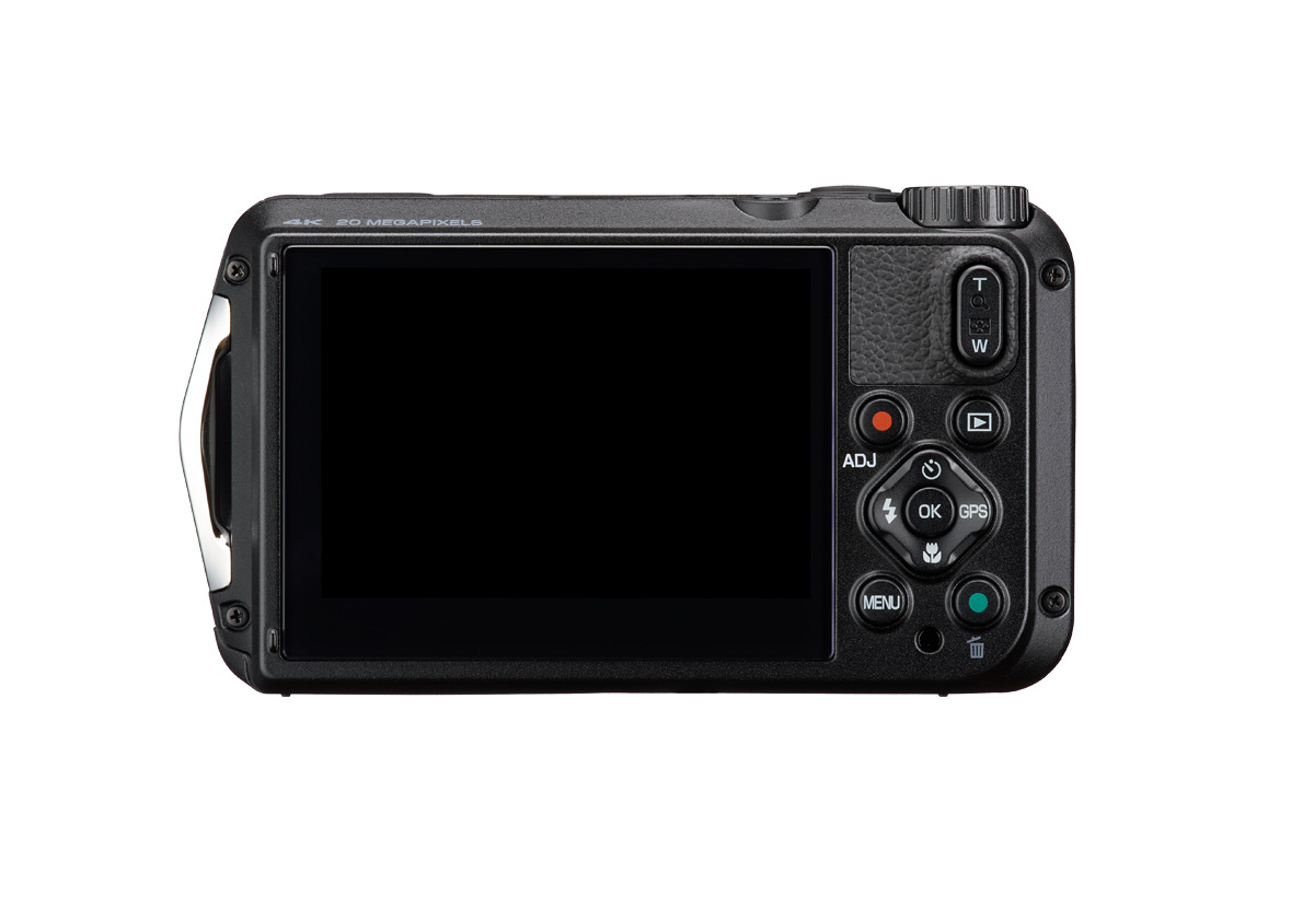 Vista trasera de una cámara digital negra, 20 megapíxeles y resolución 4K.