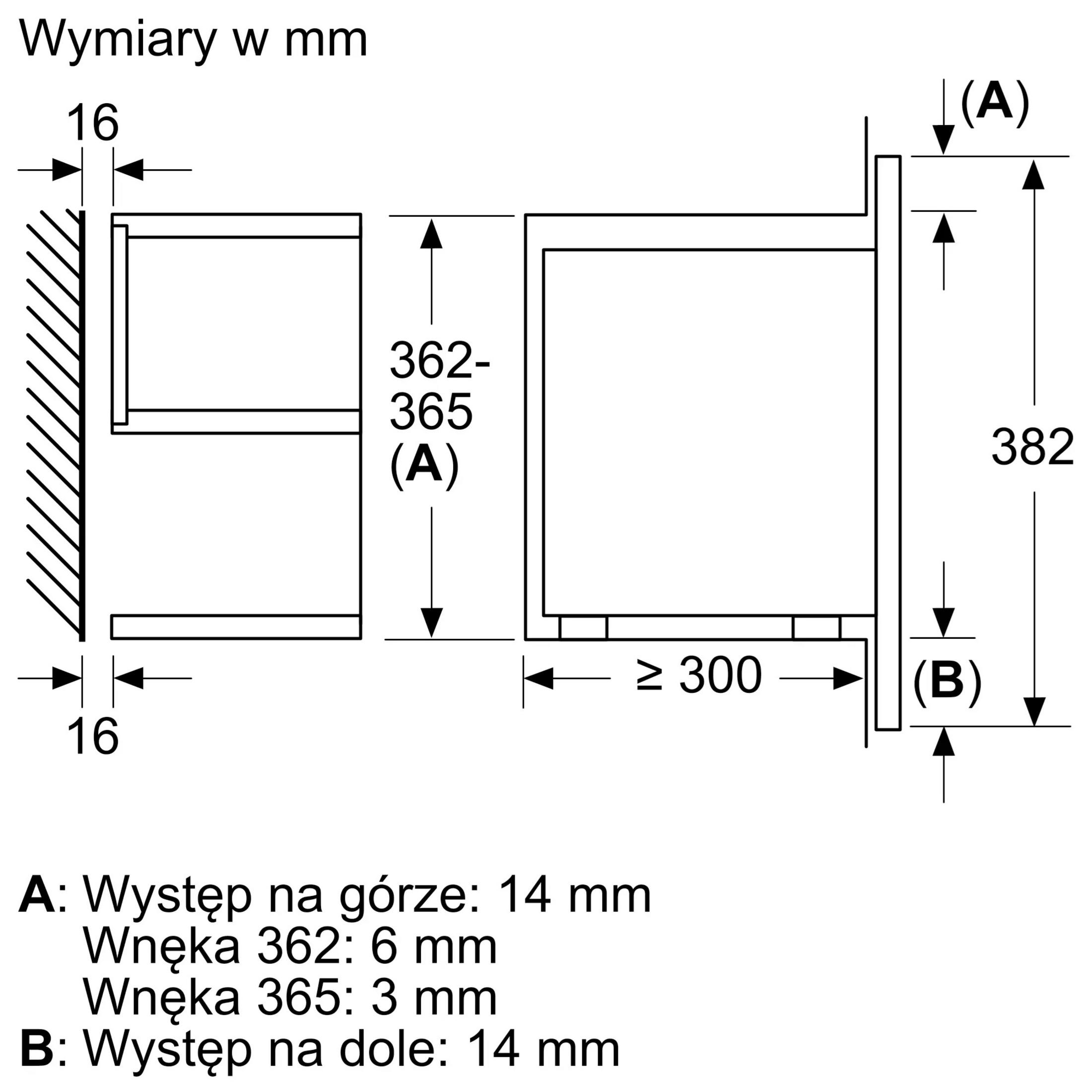 Rysunek techniczny z wymiarami w mm. Pokazuje wymiary montażowe i prześwity.