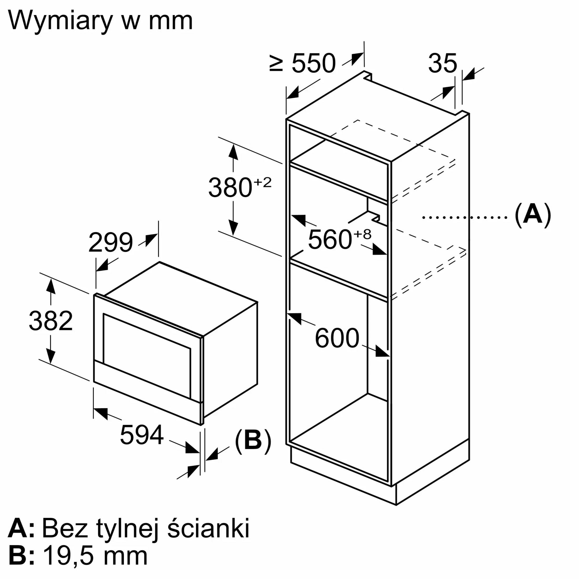 Rysunek techniczny piekarnika i mikrofalówki do zabudowy z wymiarami.