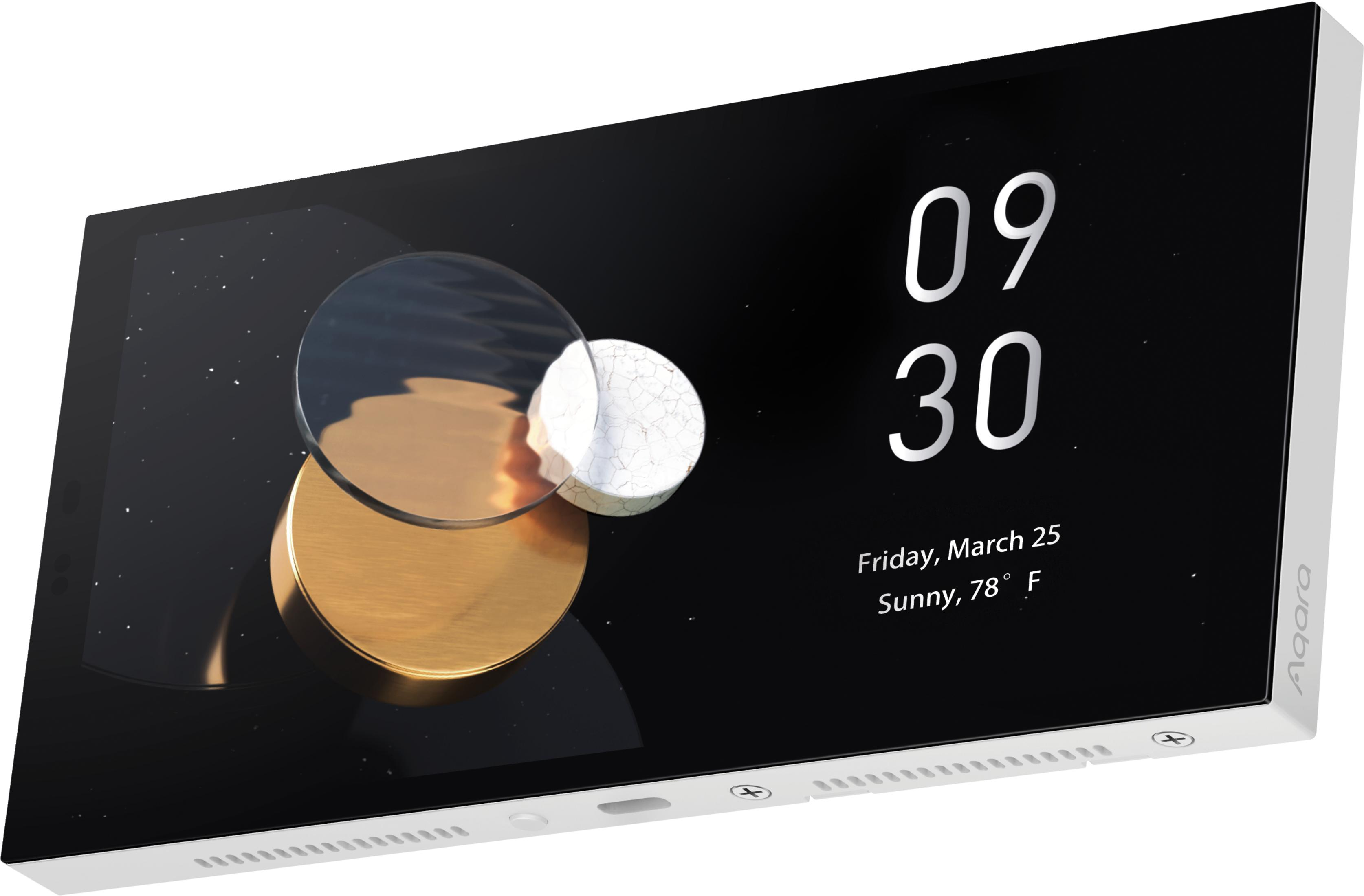 Un moderno display touchscreen mostra 09:30, venerdì 25 marzo, soleggiato, 78°F.
