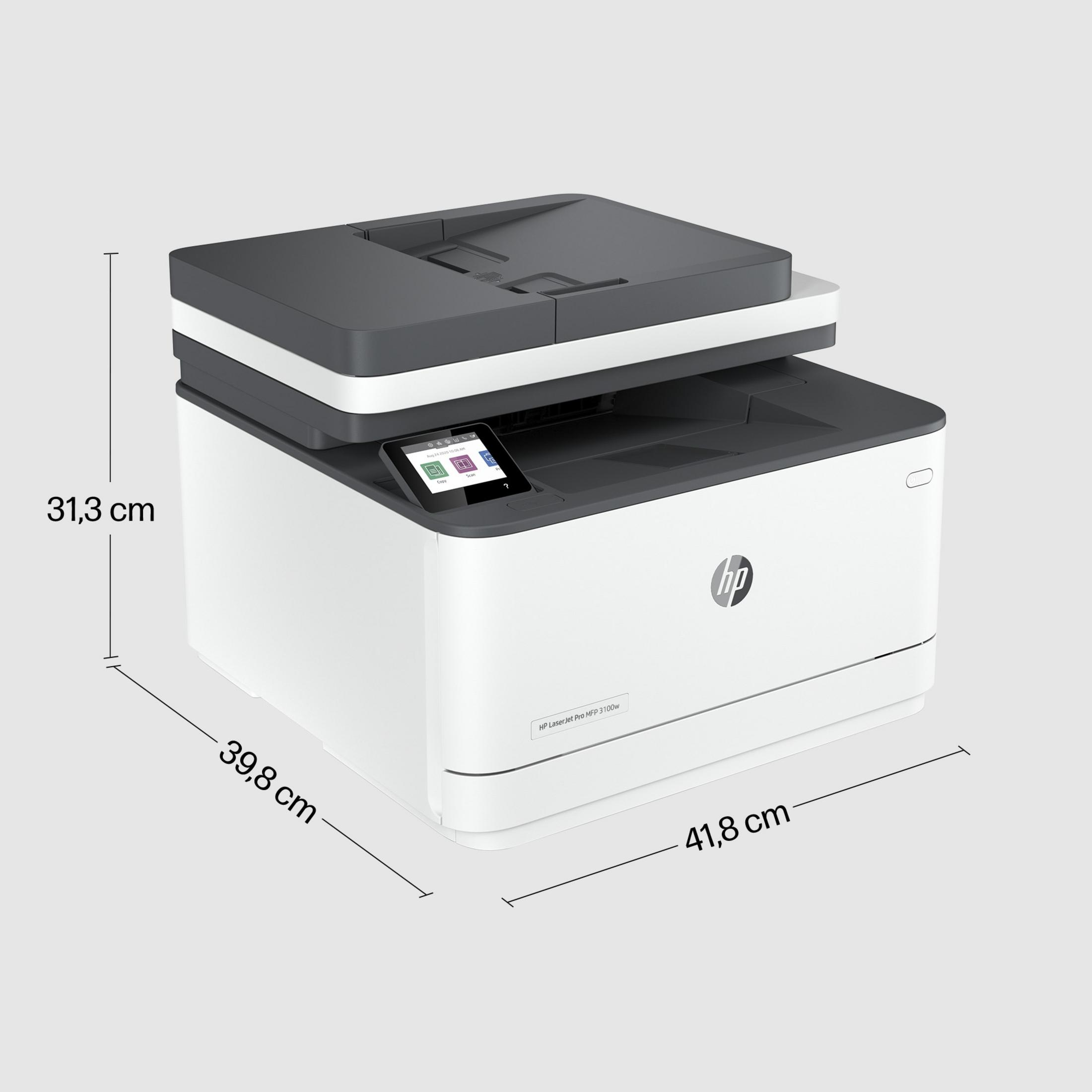 Una stampante laser HP bianca con pannello di controllo e touchscreen neri.