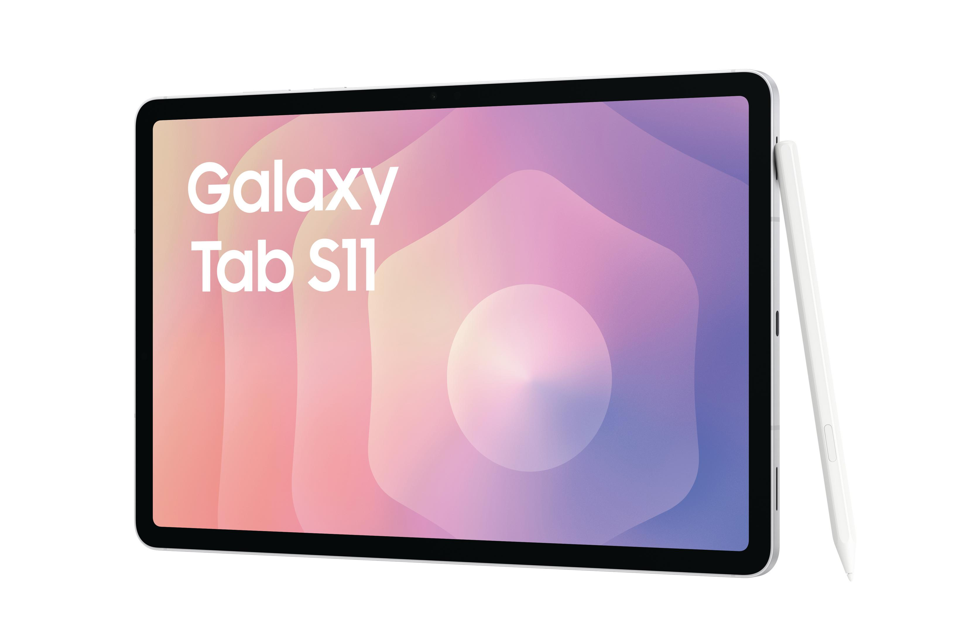 Un tablet con stilo bianco, su sfondo rosa e viola.