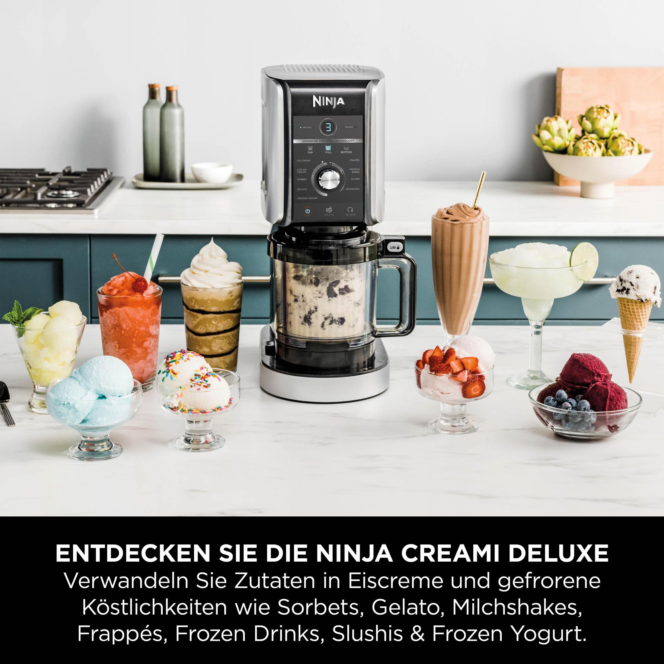 Ninja Creami Deluxe z różnymi lodami, koktajlami i napojami.