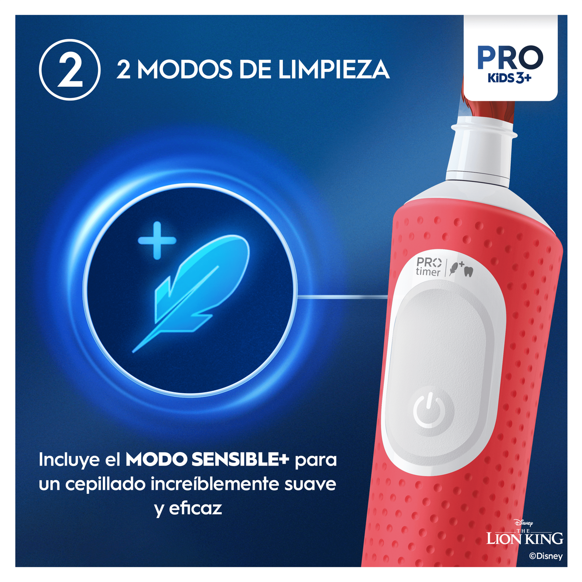 Cepillo de dientes eléctrico rojo con gráfico de pluma azul y "2 modos de limpieza".