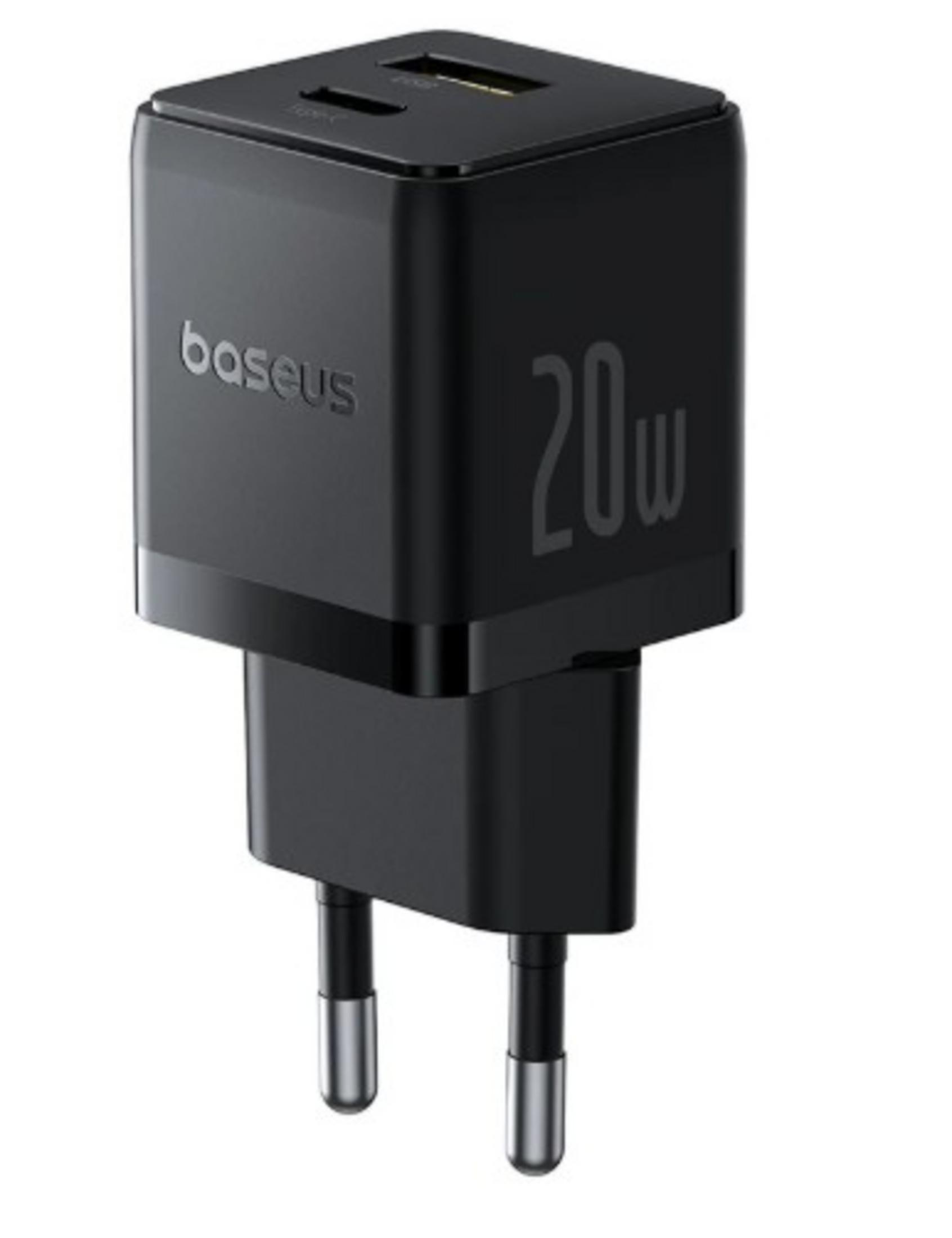 Caricatore USB-C nero Baseus 20W dual-port con spina UE.