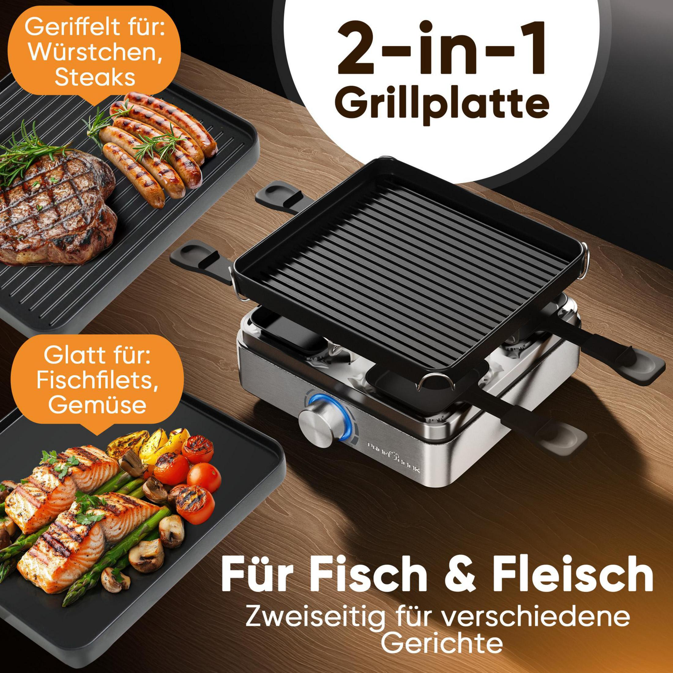Eine 2-in-1 Grillplatte mit gegrilltem Steak, Würstchen und Fisch mit Gemüse.