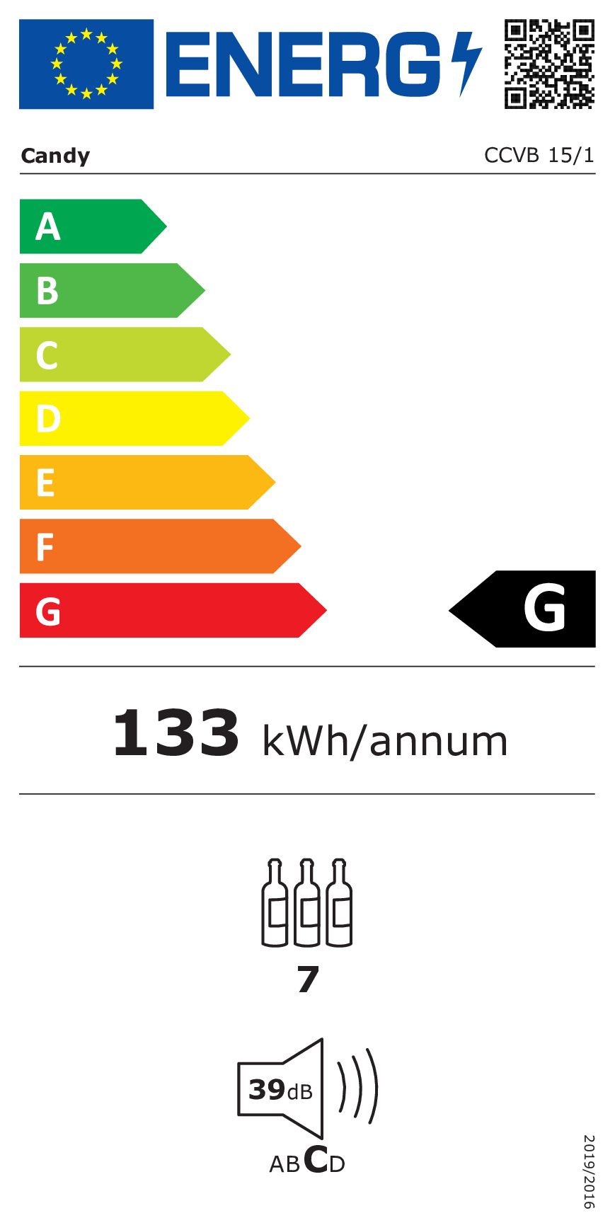 Etichetta energetica Candy, Classe G, 133 kWh/anno, 7 bottiglie, 39 dB.
