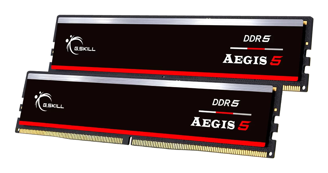 Due moduli RAM G.Skill DDR5 Aegis neri con accenti rossi.