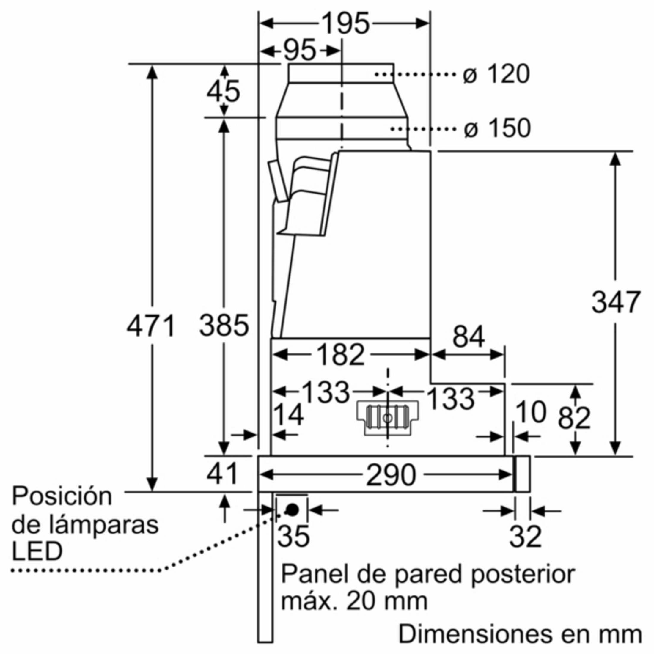 Dibujo técnico con dimensiones para un aparato, medidas en mm.