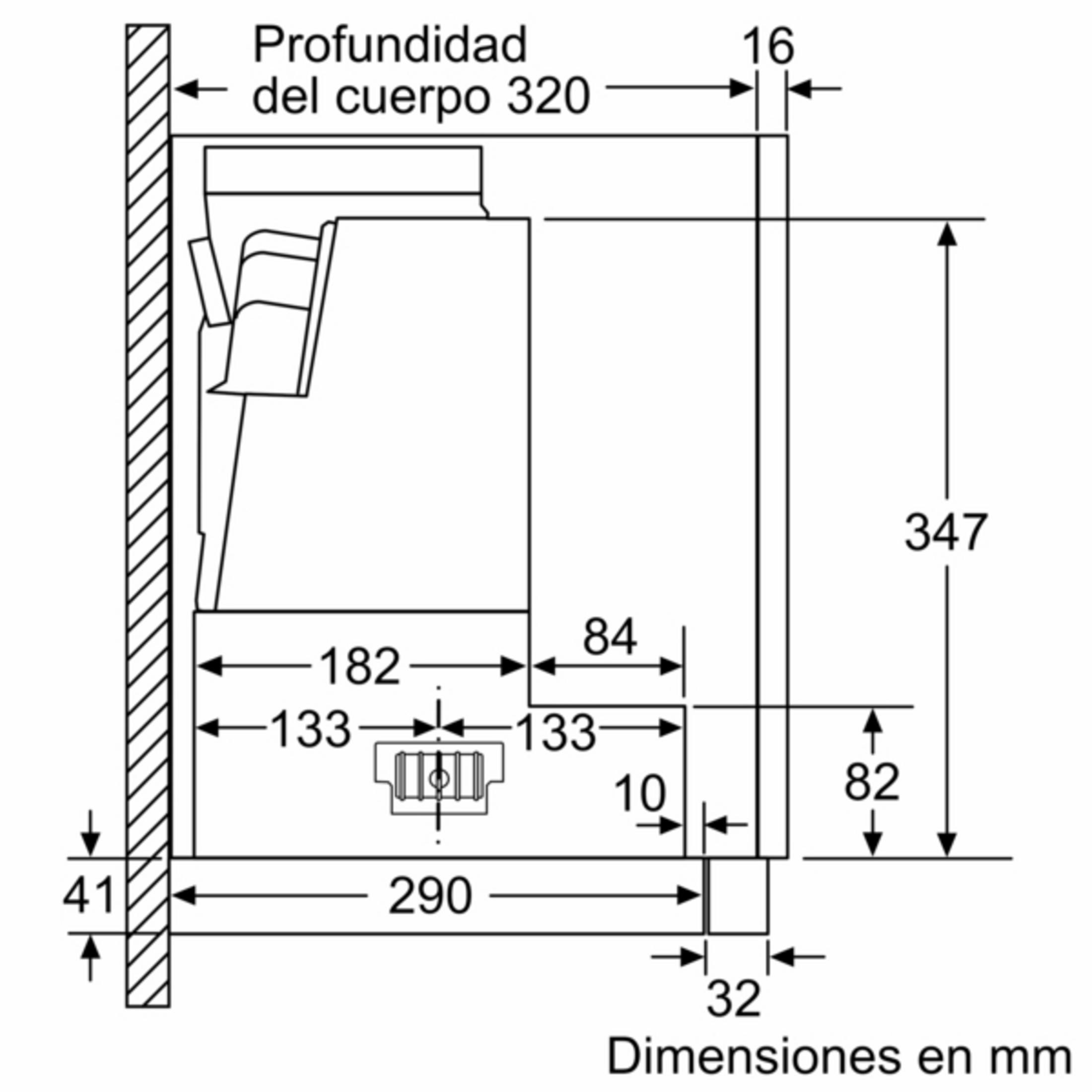 Dibujo técnico con dimensiones en mm. Muestra profundidad, altura y anchura.