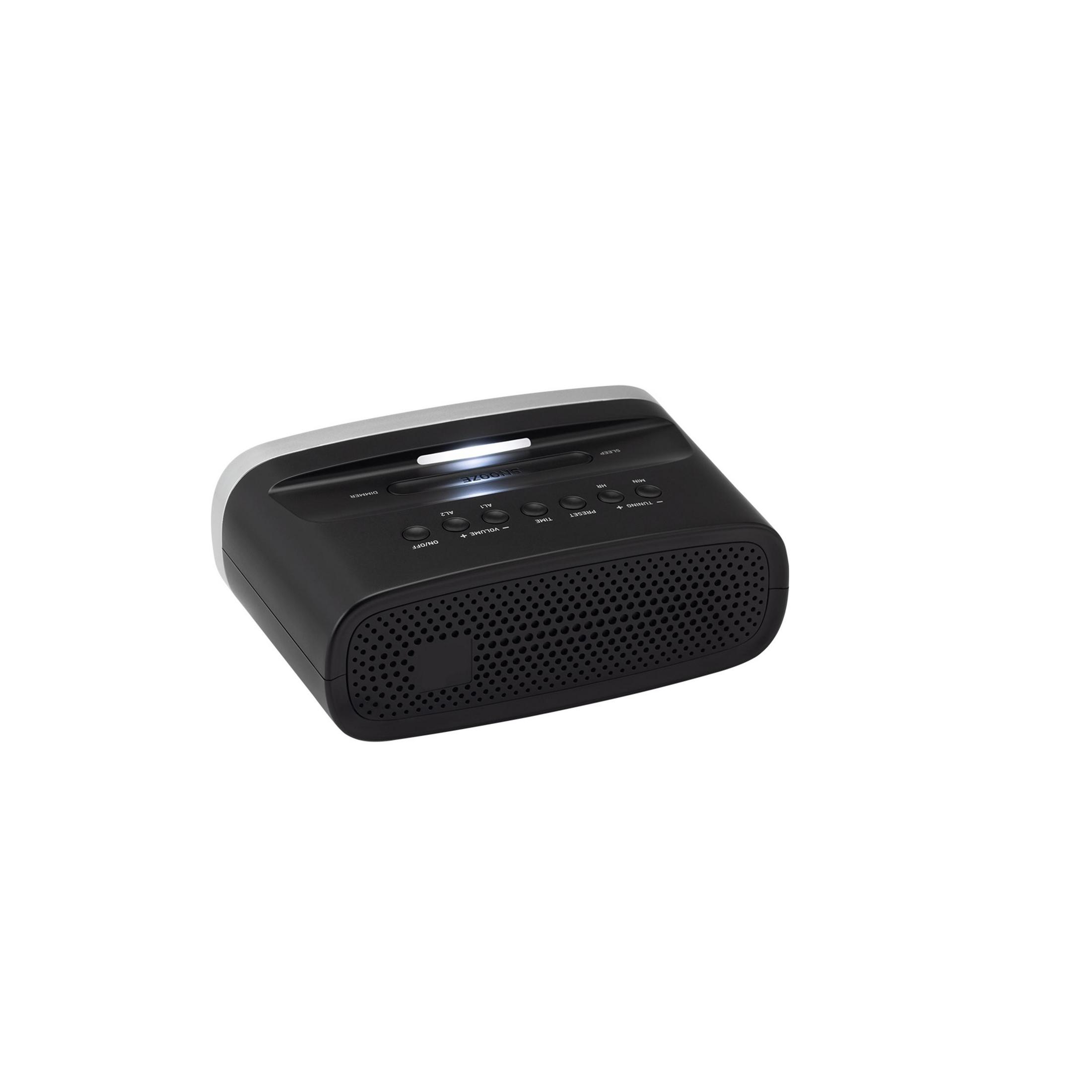 Schwarzer Radiowecker mit Snooze-Taste und Lautstärketasten.