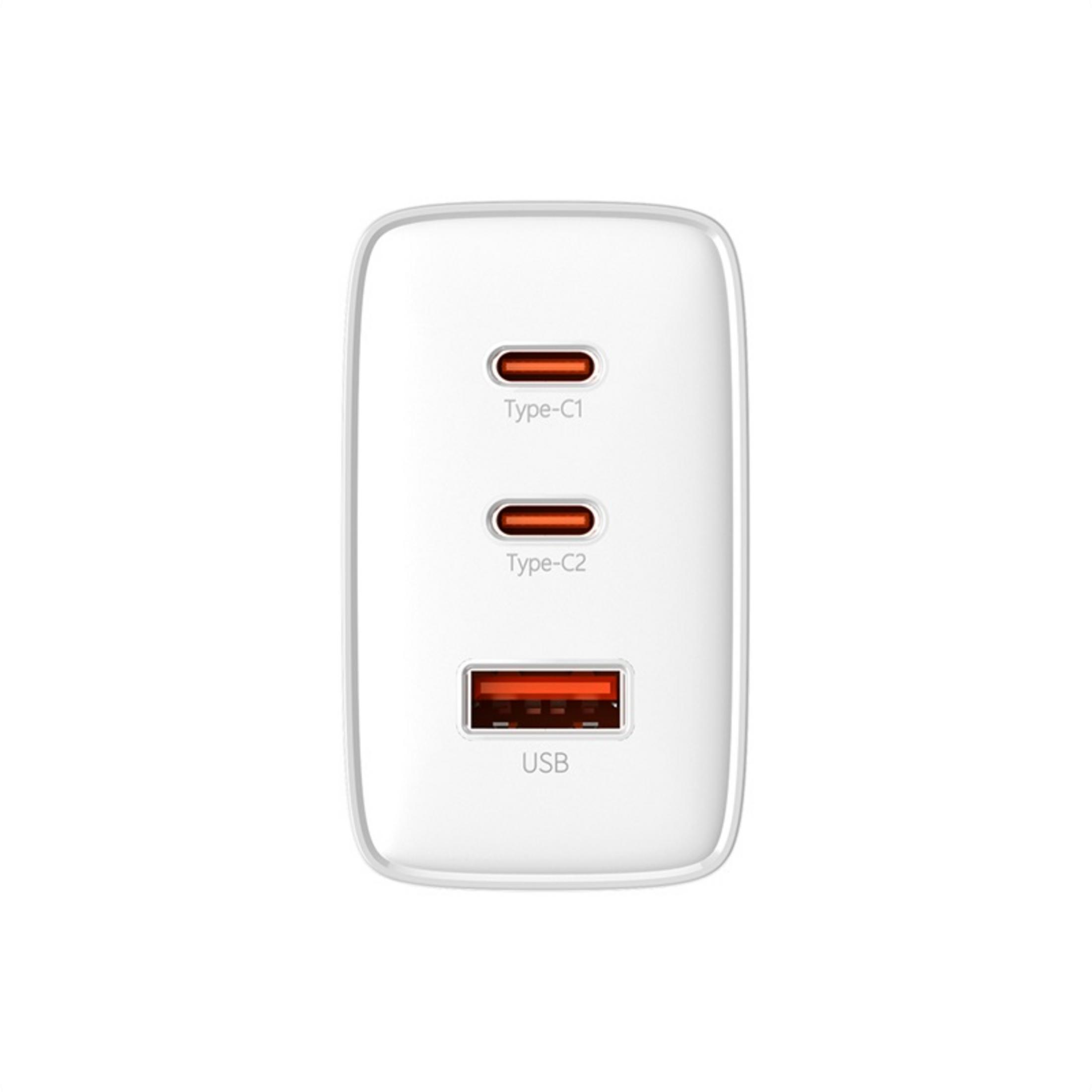 Biała ładowarka z dwoma portami USB-C i jednym USB-A.