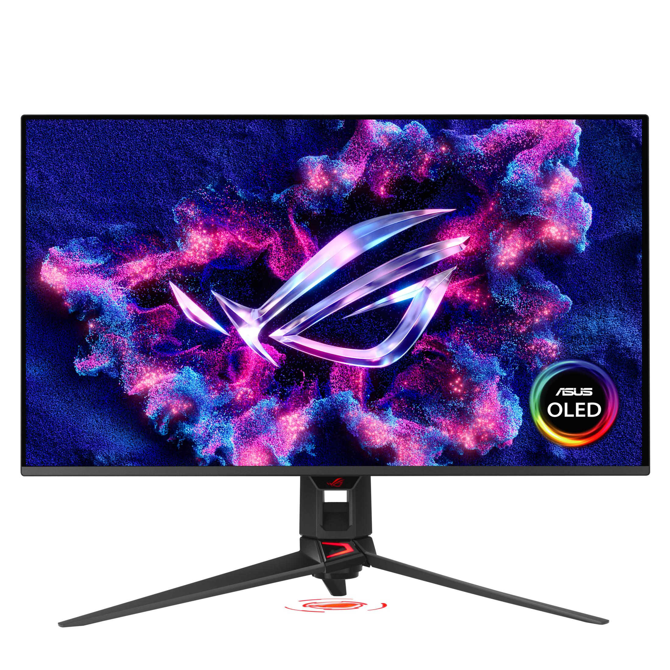 Un monitor con logo ROG e particelle colorate. Logo ASUS OLED.
