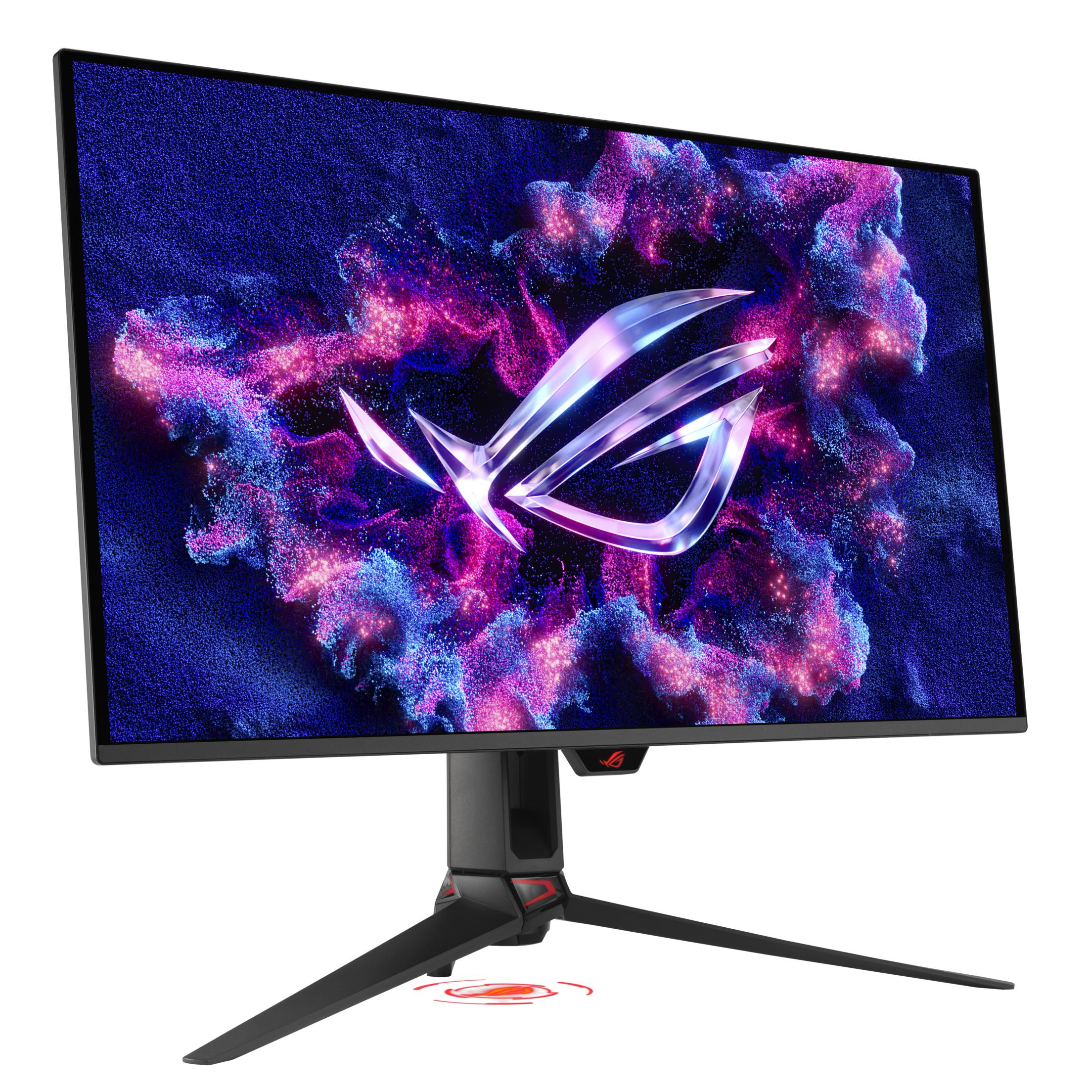 Un monitor da gaming con sfondo dinamico e logo ROG.