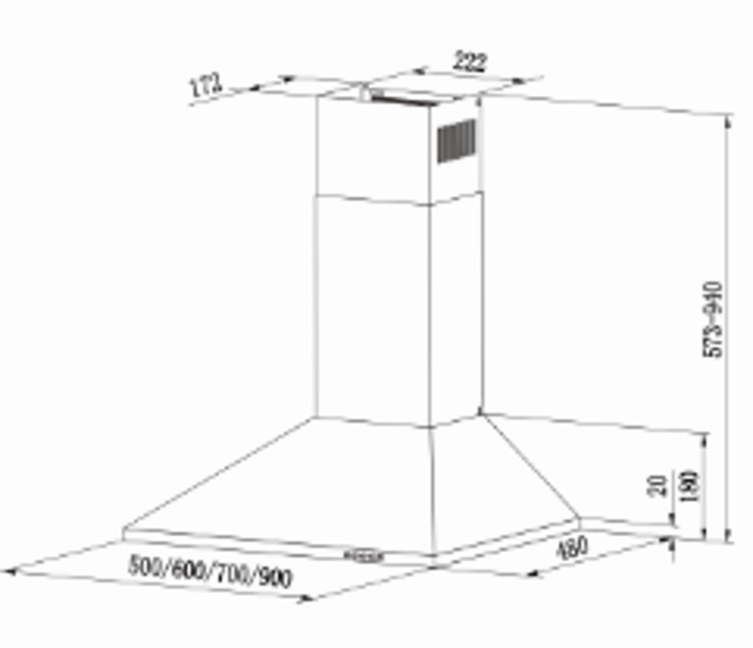 Dibujo técnico de una campana extractora con dimensiones.