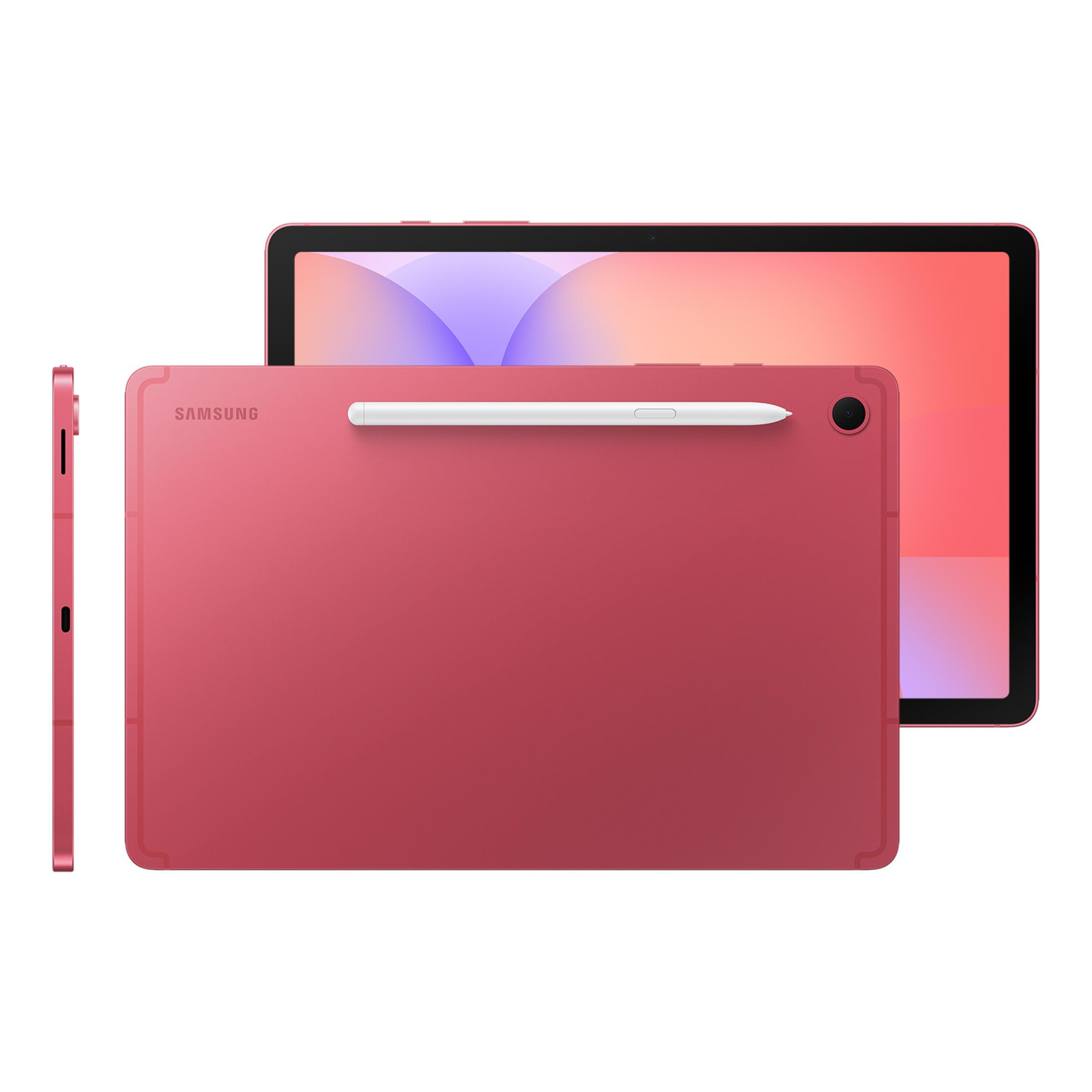 Ein rosafarbener Samsung-Tablet mit Stift und eingeschaltetem Bildschirm.