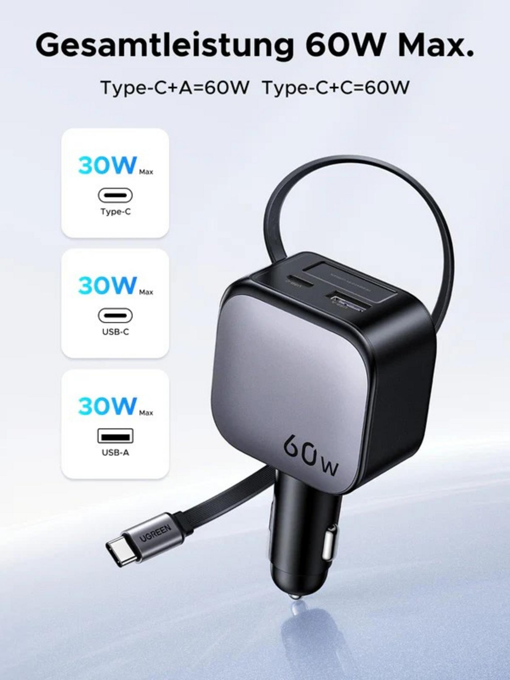 Czarna ładowarka samochodowa z dwoma portami USB-C i jednym USB-A, 60W.