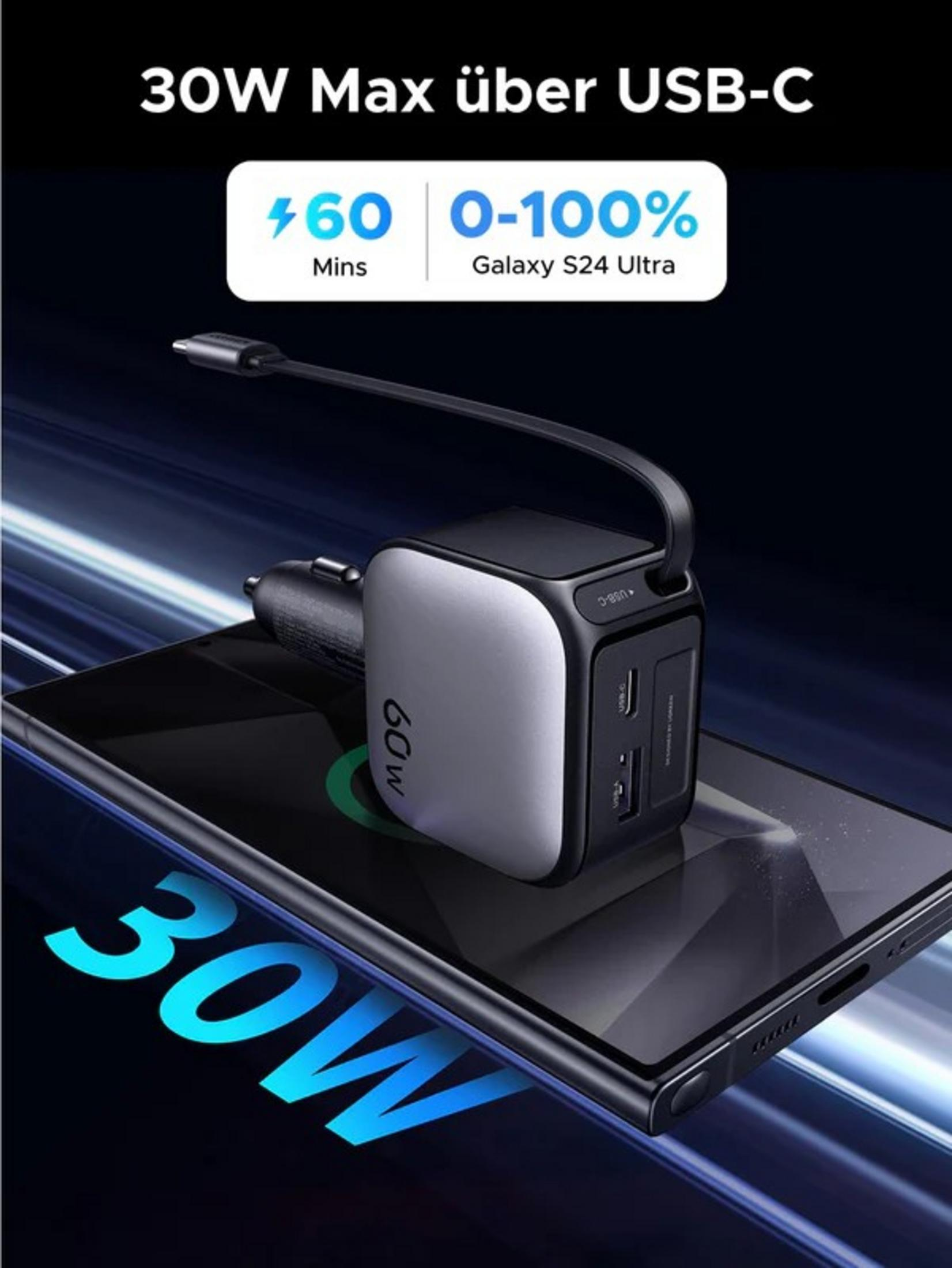 Czarna i srebrna ładowarka samochodowa USB-C z kablem, spoczywająca na smartfonie.