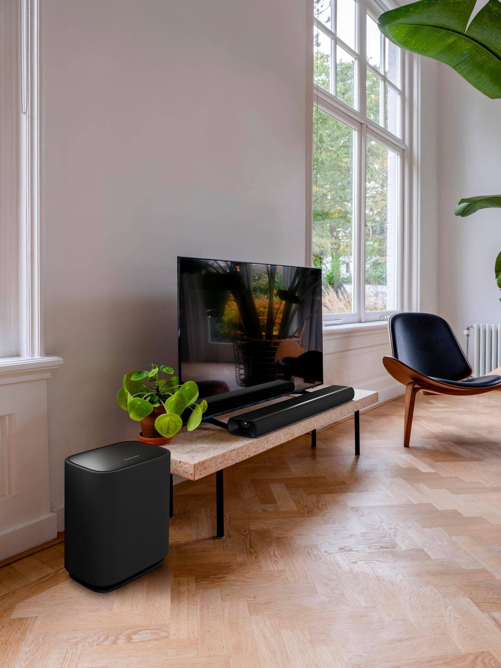 Czarny subwoofer, telewizor, soundbar i roślina na stole przed oknem.