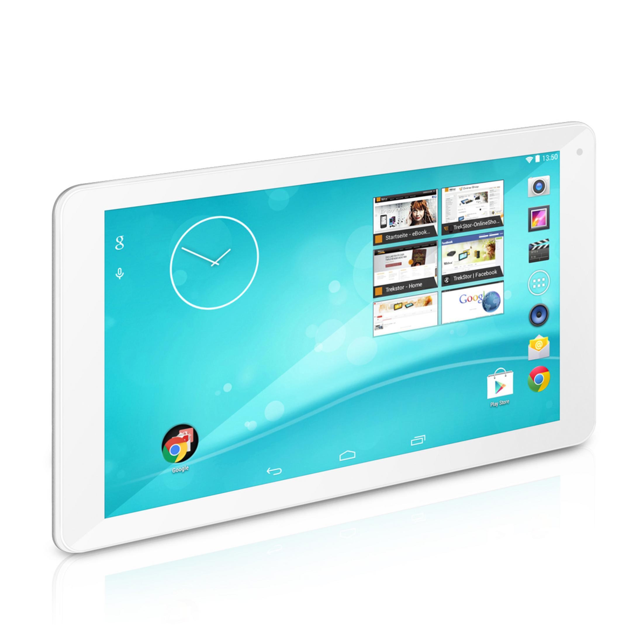 Ein weißes Tablet mit einem blauen Hintergrund und App-Symbolen.