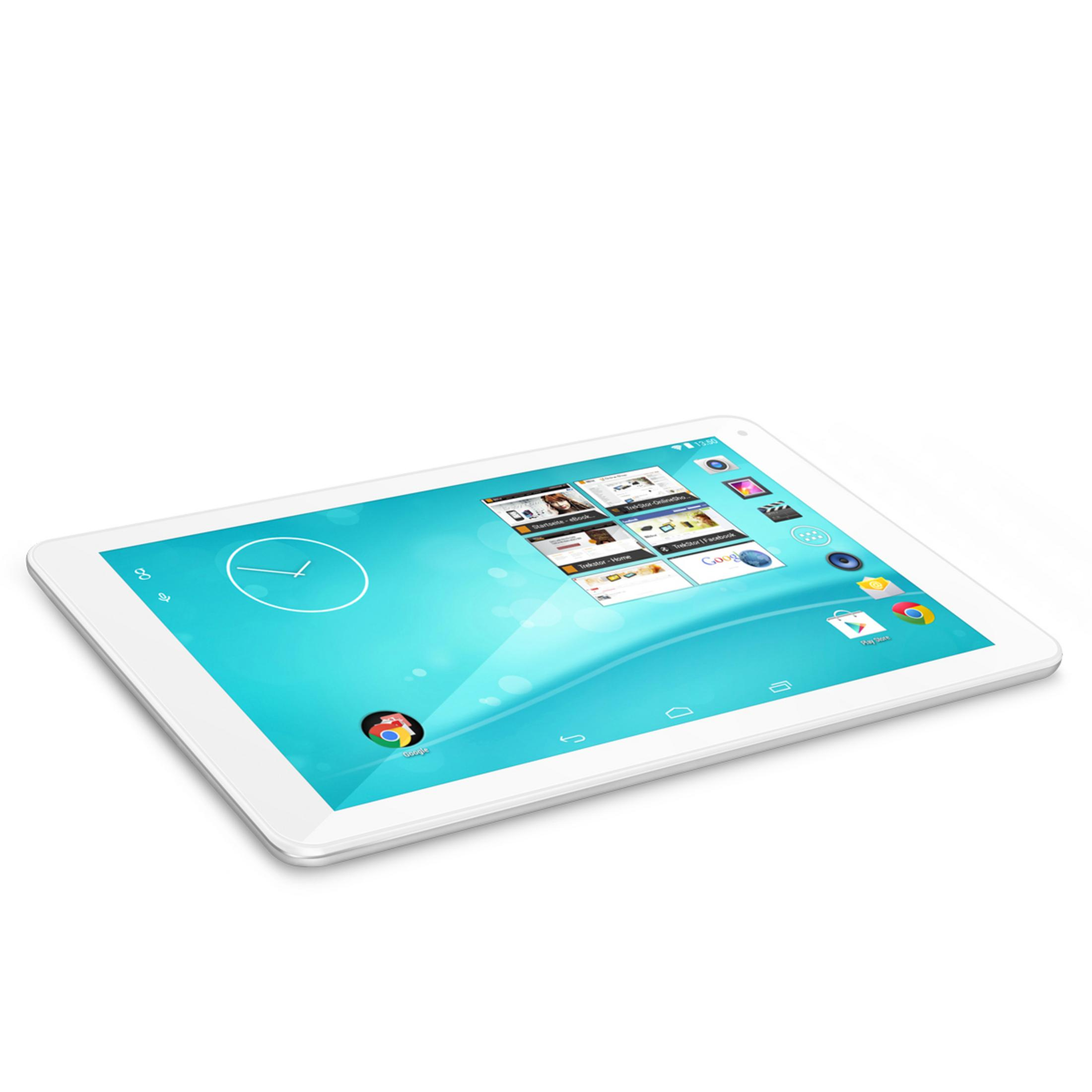 Ein weißes Tablet mit einem hellblauen Hintergrund und App-Symbolen.