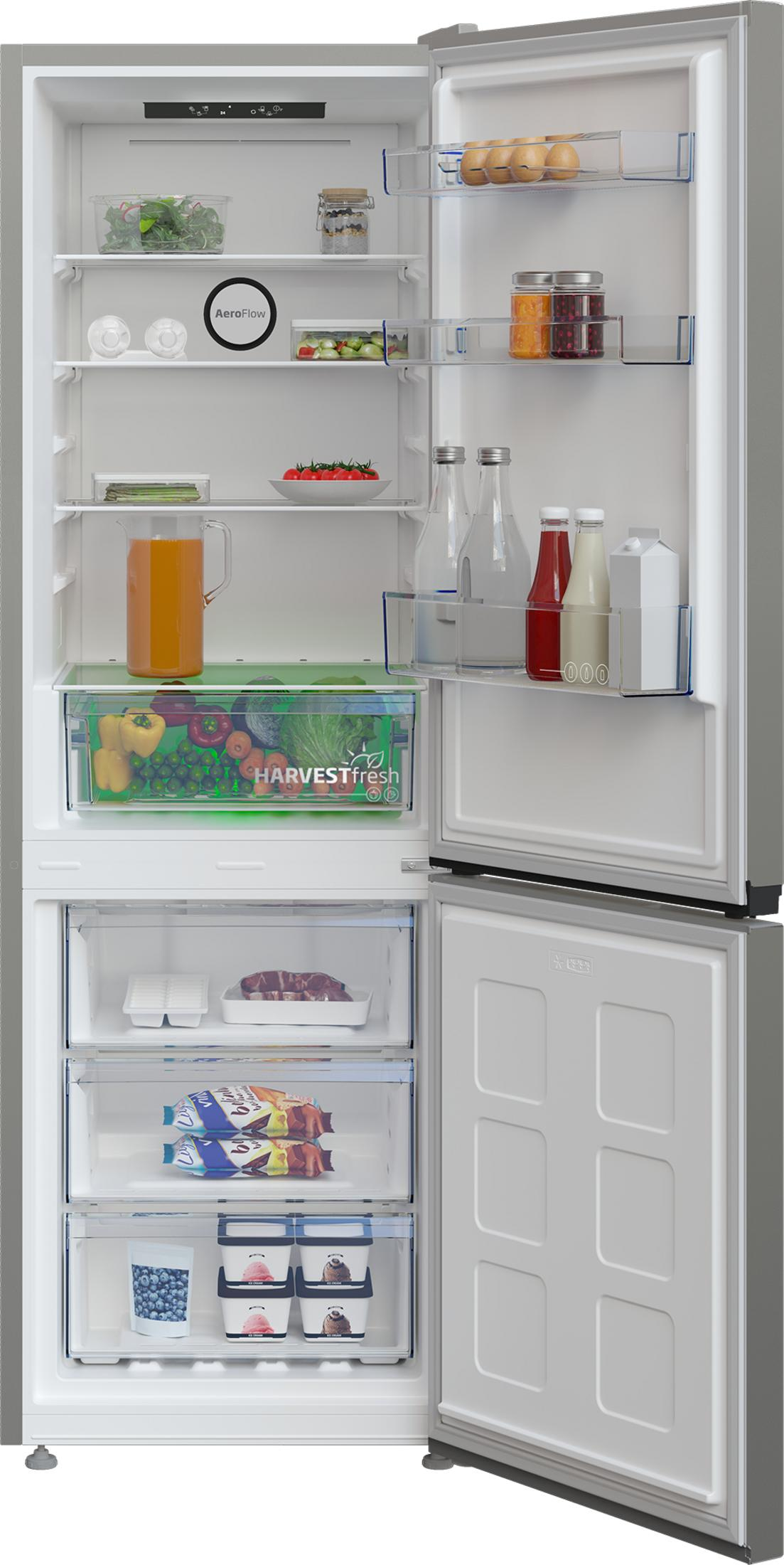 Ein offener Kühlschrank mit Lebensmitteln wie Eiern, Gemüse, Saft und Eiscreme.