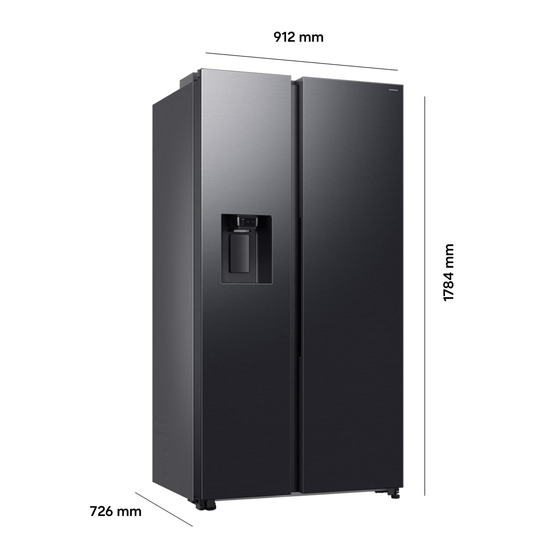 Black double-door refrigerator with a water dispenser and dimensions.
