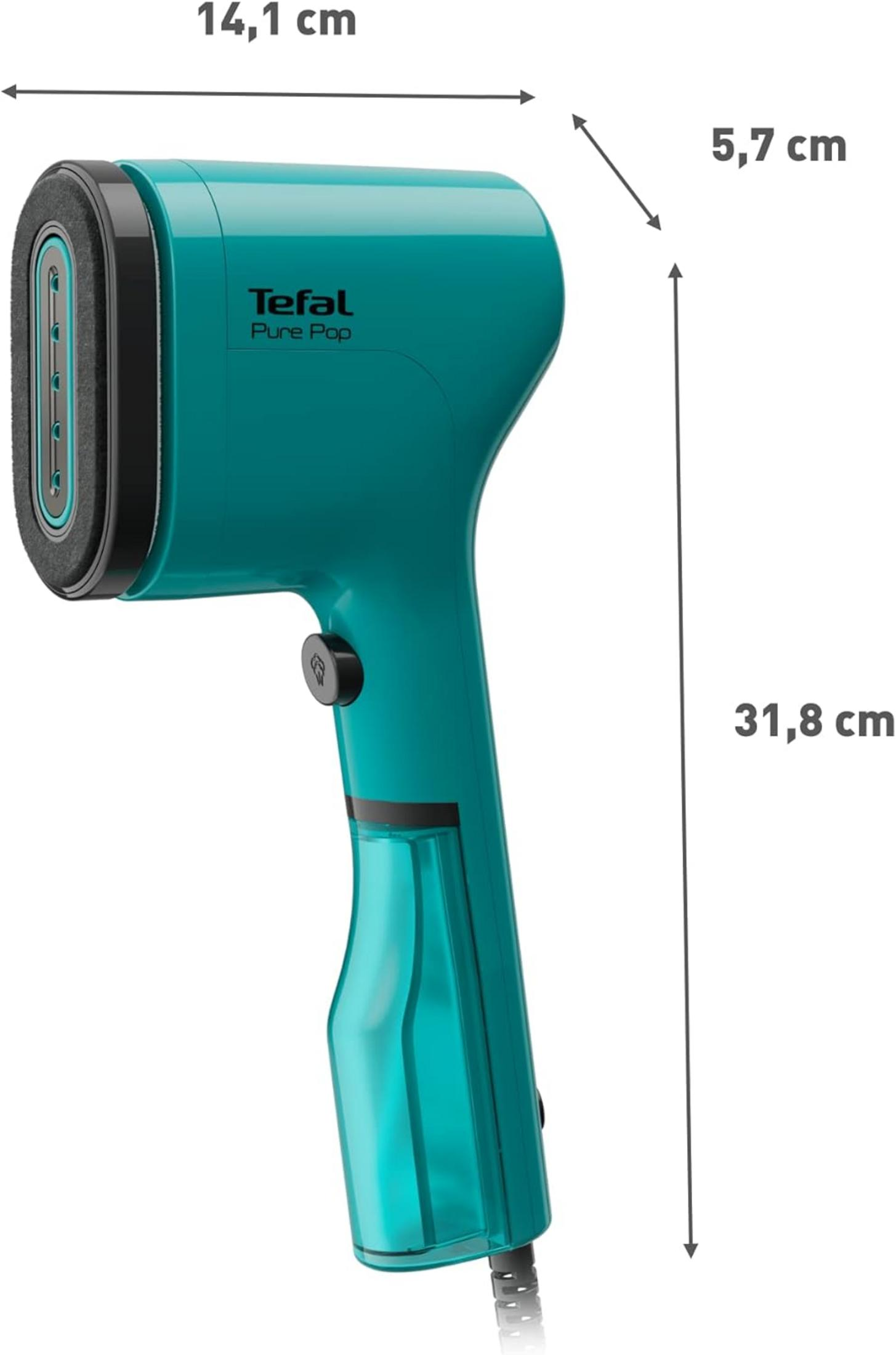 Türkiser Tefal Dampfglätter mit transparentem Wassertank und schwarzen Akzenten.