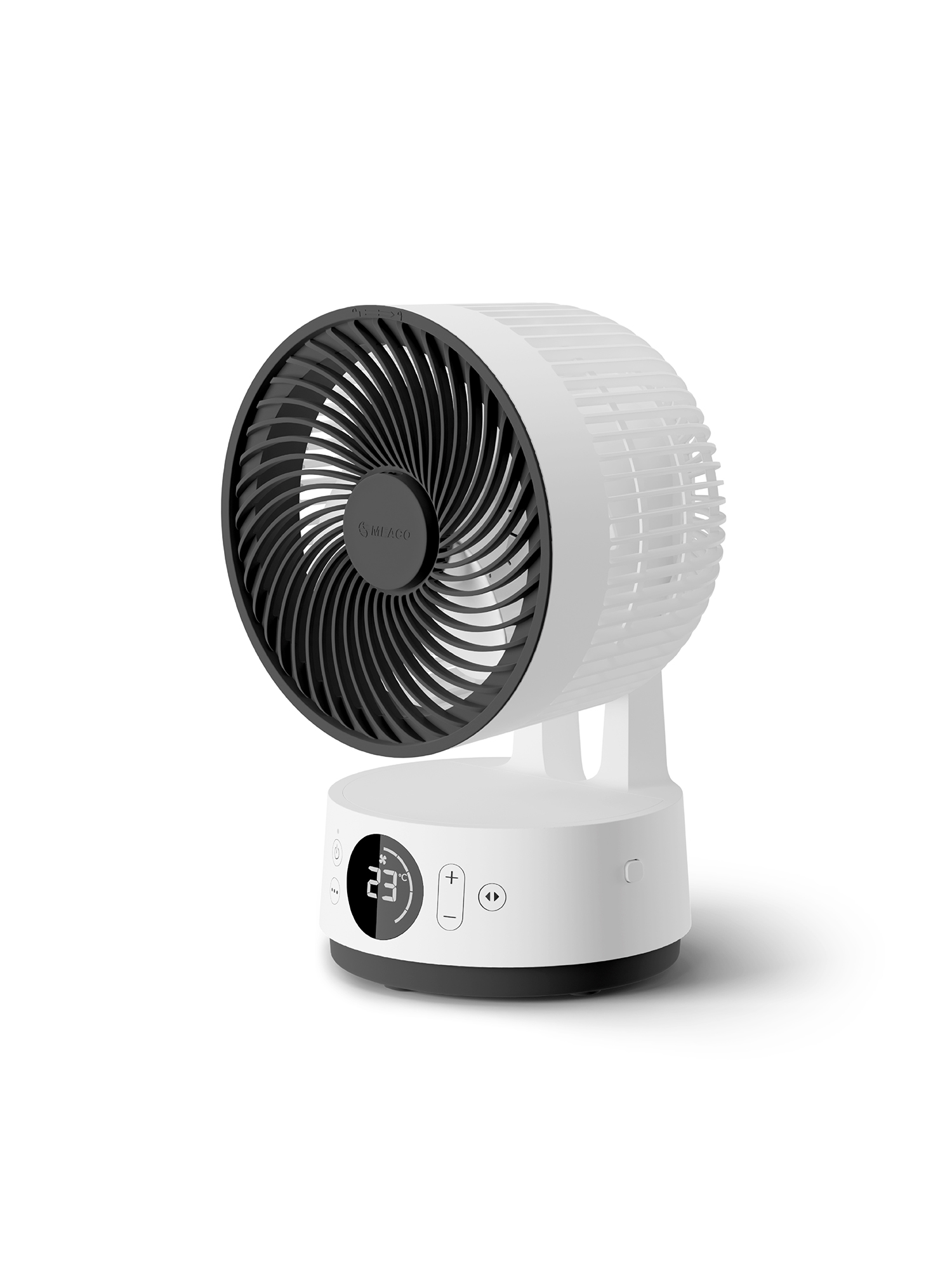 Ventilatore bianco con griglia nera e display digitale.