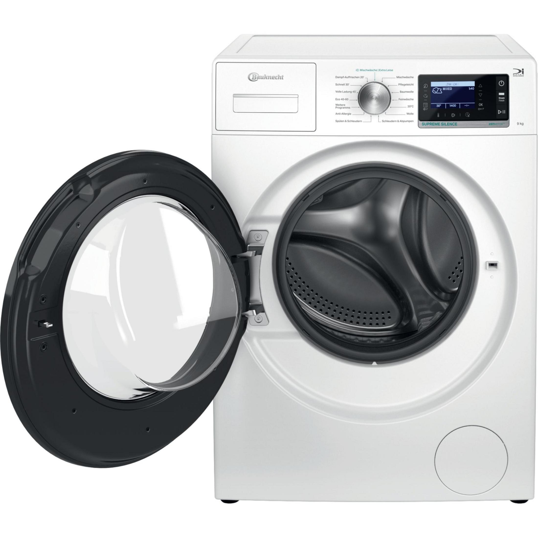Weiße Bauknecht Waschmaschine mit geöffneter Tür und Display.