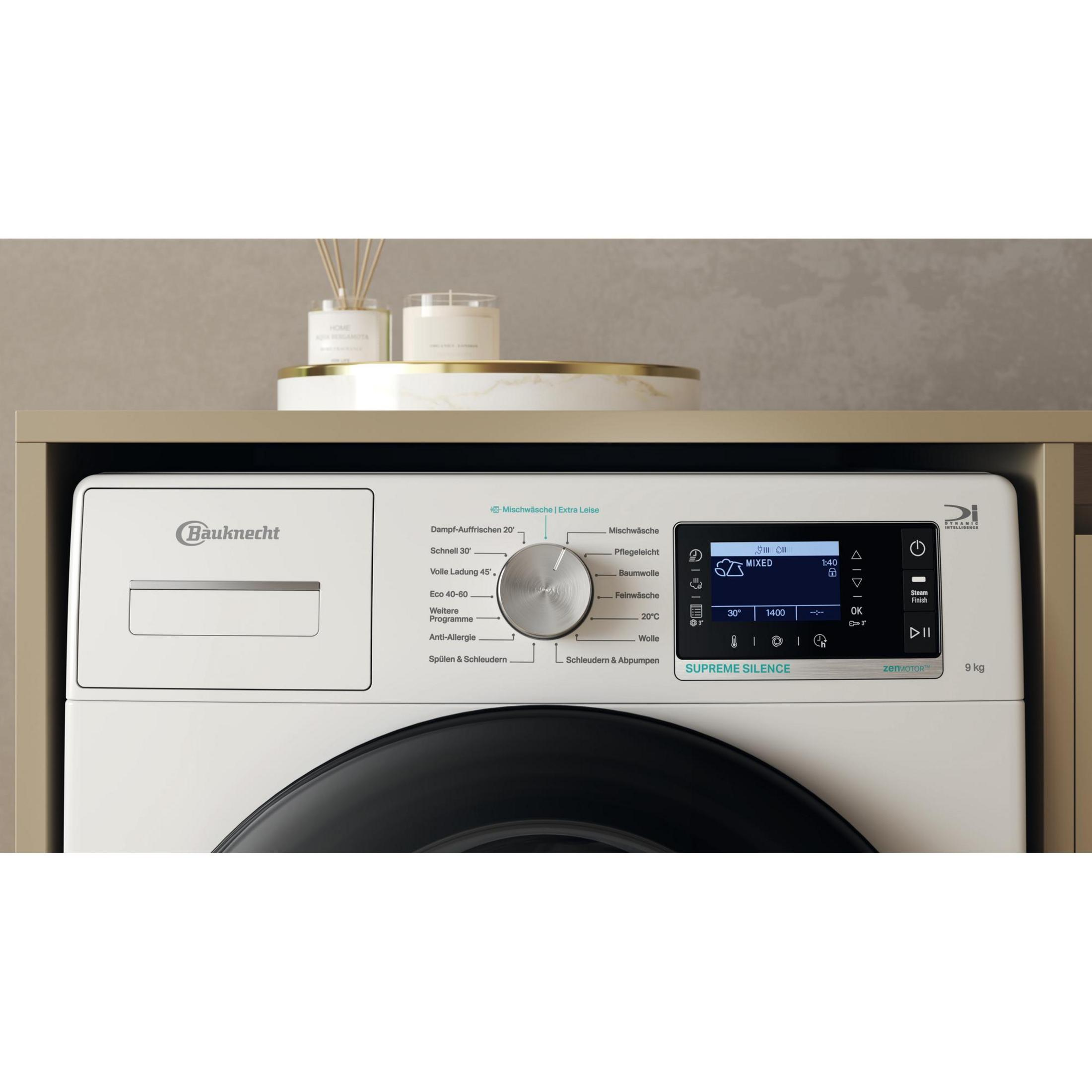 Bauknecht Waschmaschine mit digitalem Display, Drehregler und verschiedenen Programmen.