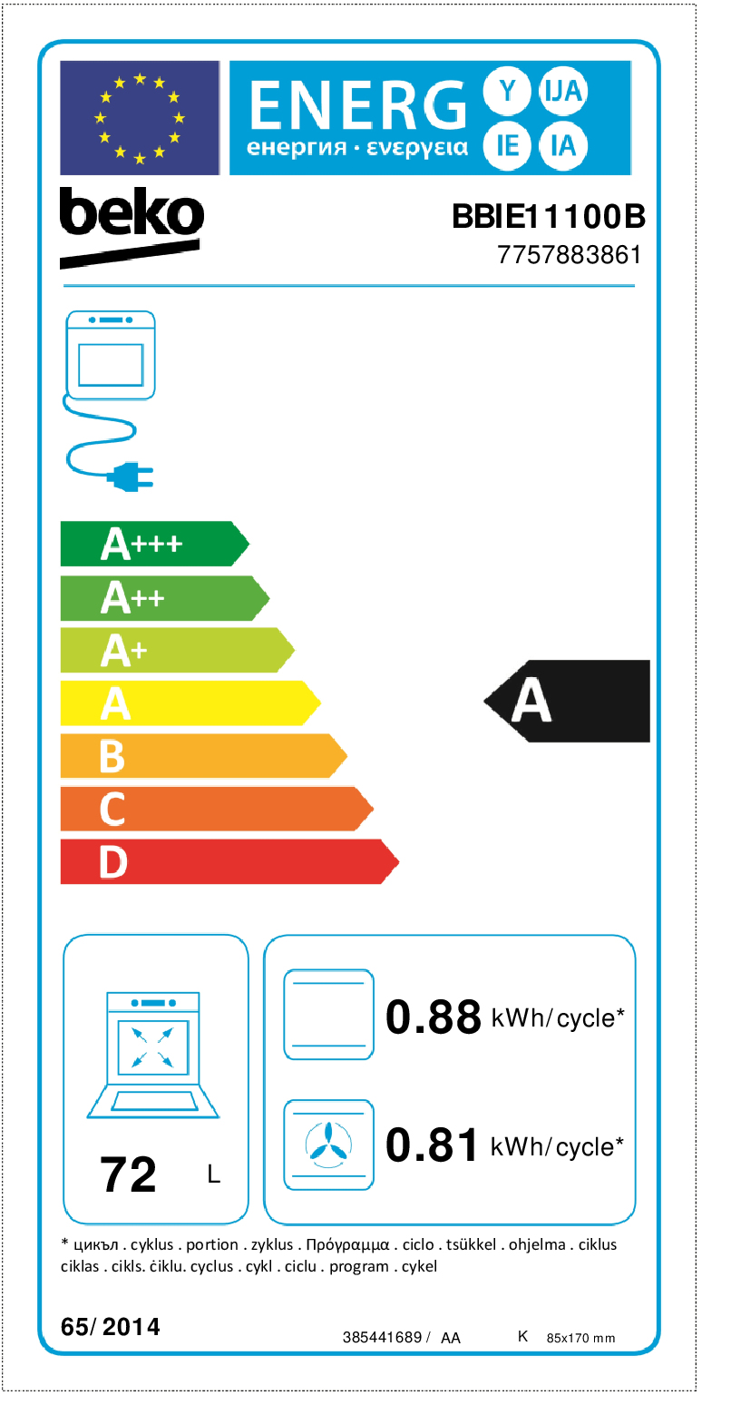 Etykieta energetyczna Beko: A+++ do D. Model BBIE11100B.