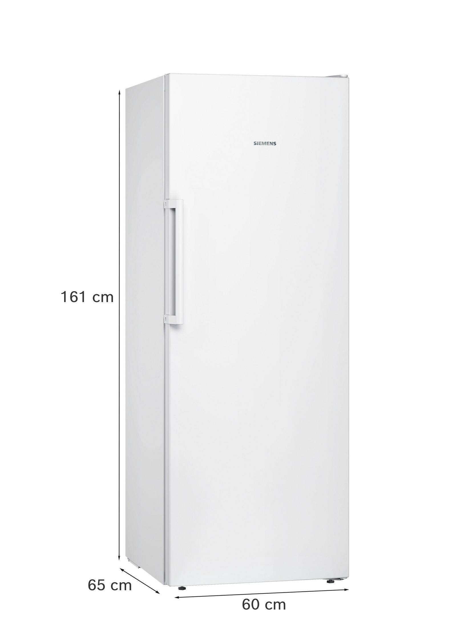 Ein weißer Siemens Kühlschrank mit Maßen: 161 cm Höhe, 65 cm Tiefe, 60 cm Breite.