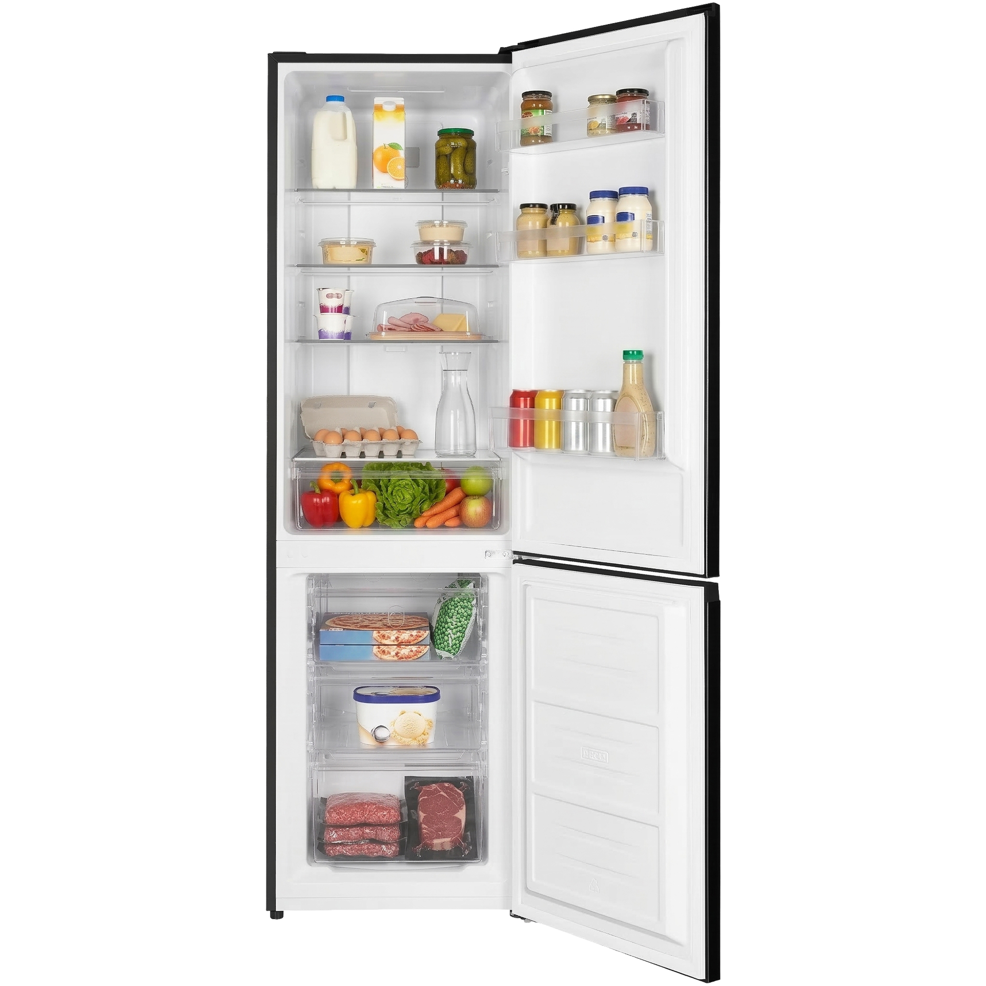 Ein offener Kühlschrank mit Lebensmitteln wie Milch, Eiern, Gemüse, Fleisch und Eiscreme.