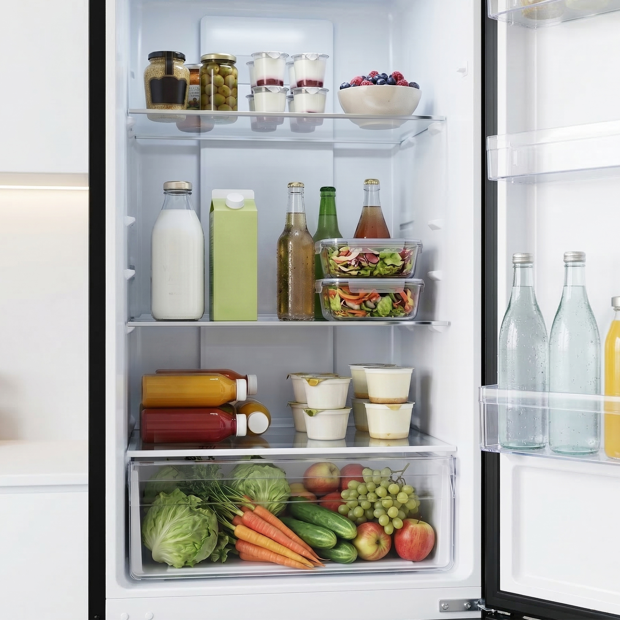 Ein offener Kühlschrank mit Lebensmitteln: Gemüse, Obst, Getränke, Joghurt und Gläser.