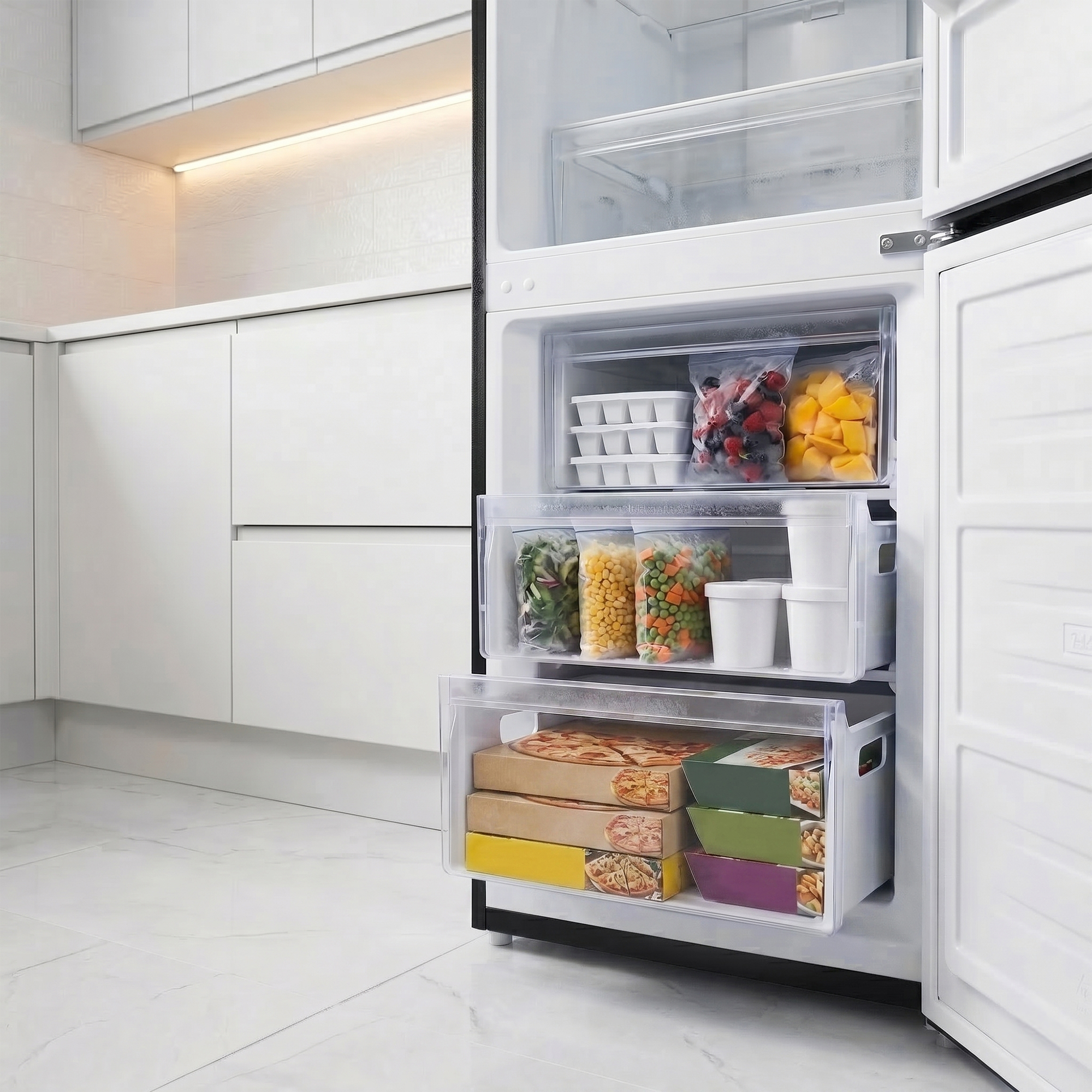 Ein offener Kühlschrank mit gefrorenem Essen, Pizzaschachteln und Gemüse.
