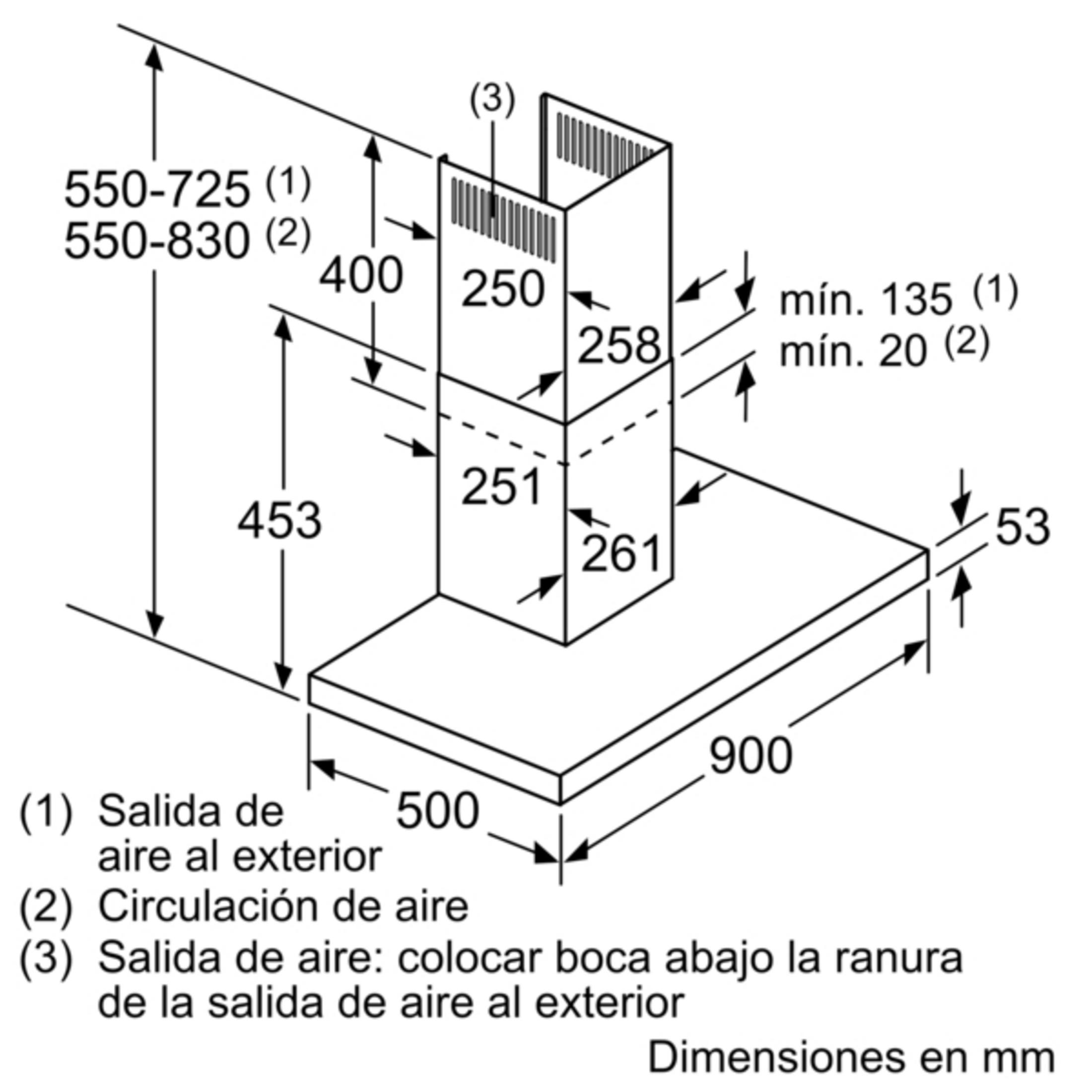 Dibujo técnico de una campana extractora con medidas en mm.