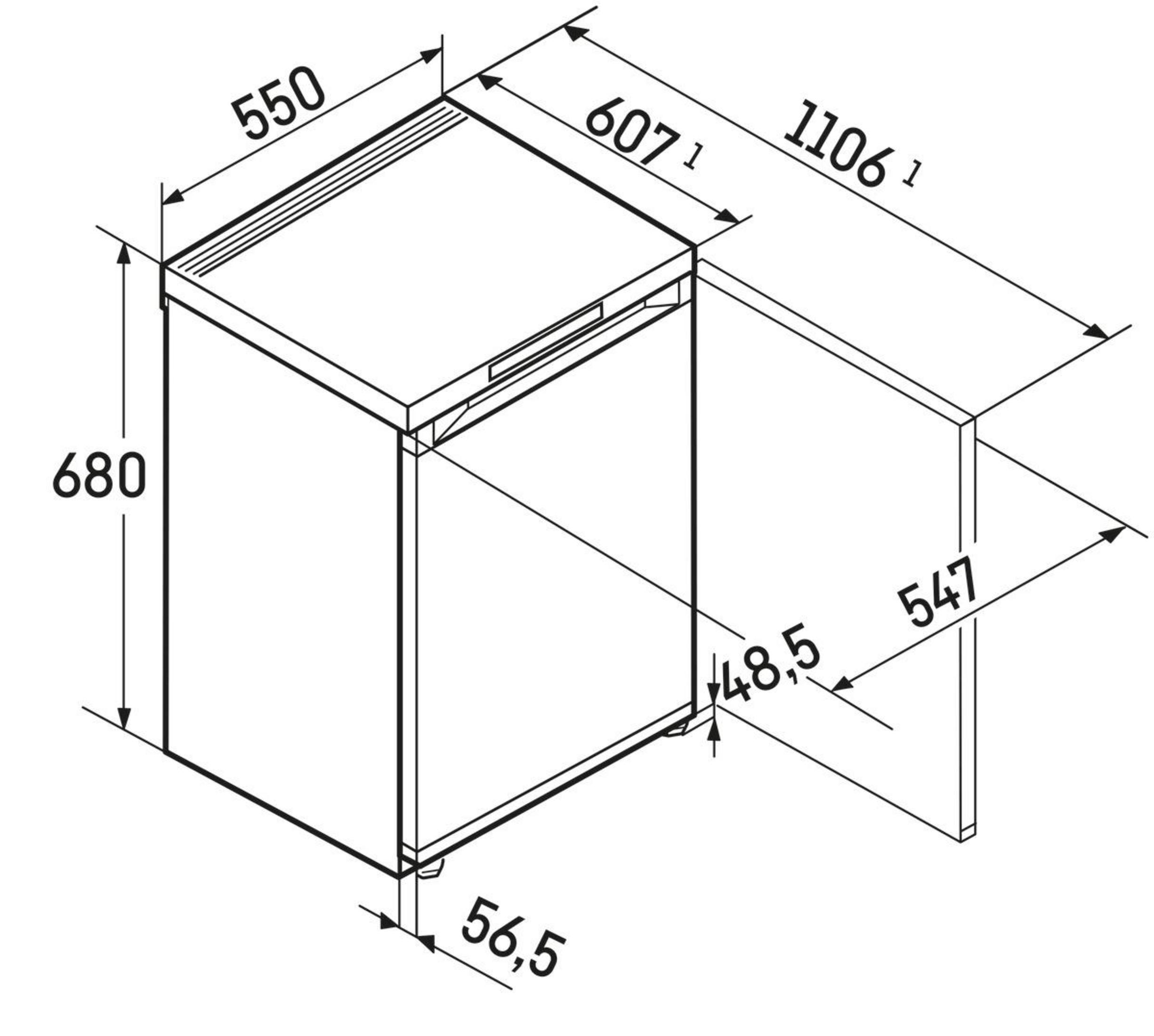Technische Zeichnung eines Schranks mit Maßen 550, 680, 607, 1106, 48,5, 547, 56,5.