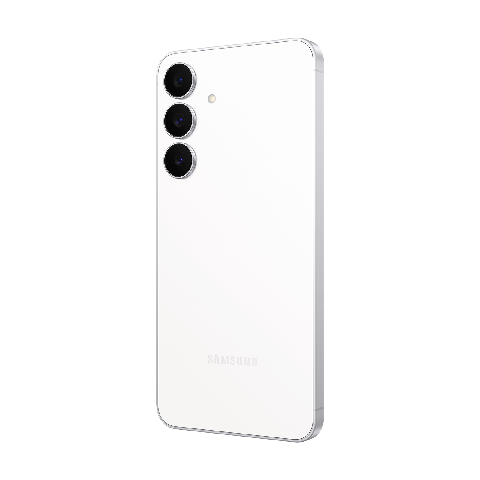 Ein weißes Samsung Smartphone mit drei Kameras auf der Rückseite.