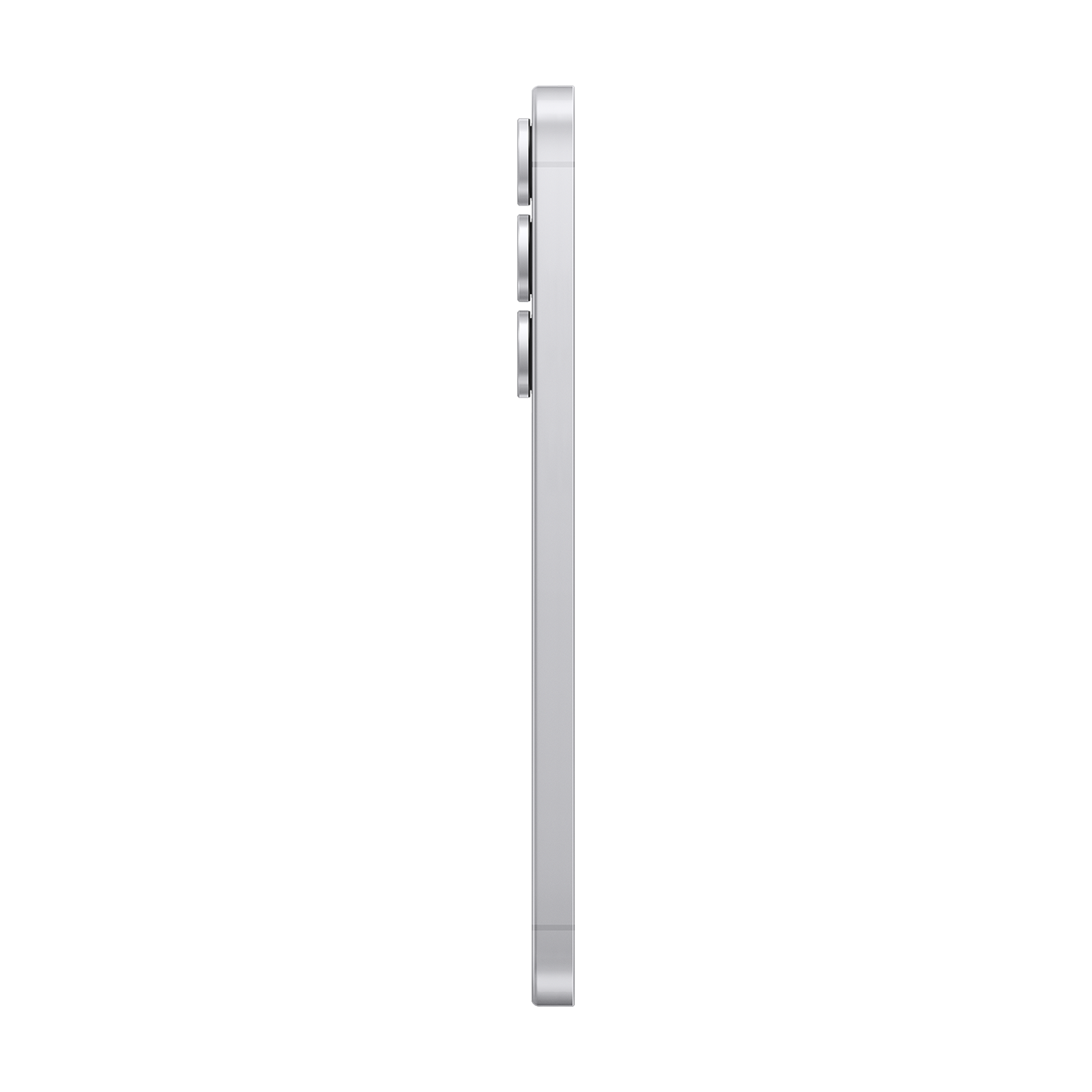 Ein silbernes Smartphone von der Seite, mit drei Kameralinsen auf der Rückseite.