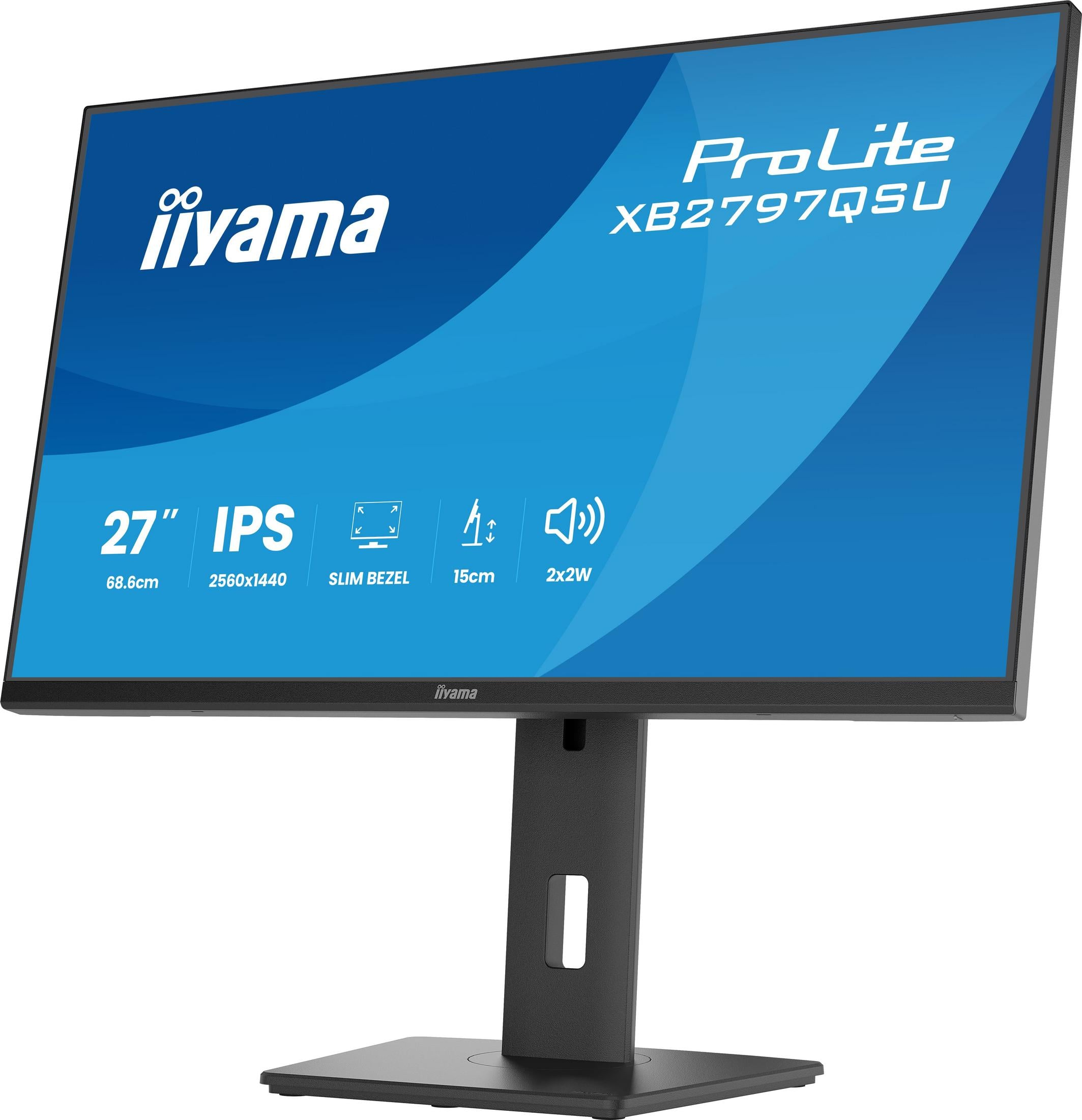 Czarny monitor z srebrnym logo iiyama i wyświetlonymi specyfikacjami.