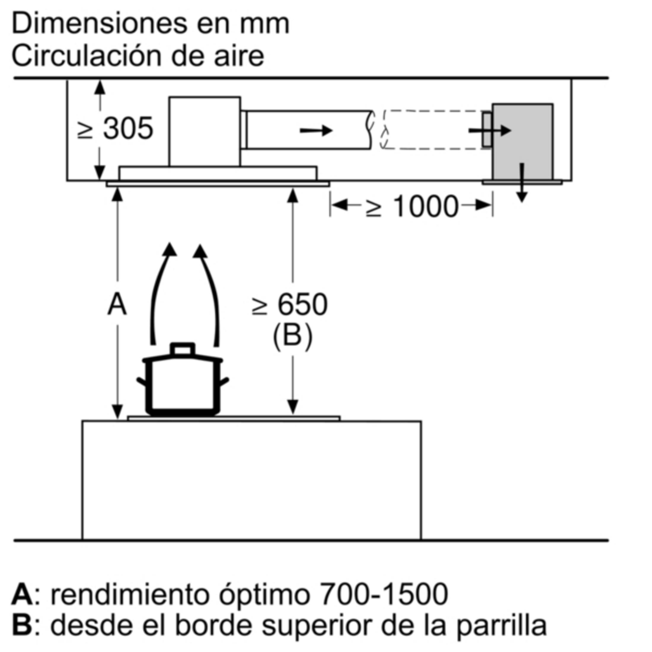 El diagrama muestra las dimensiones de instalación de una campana extractora.