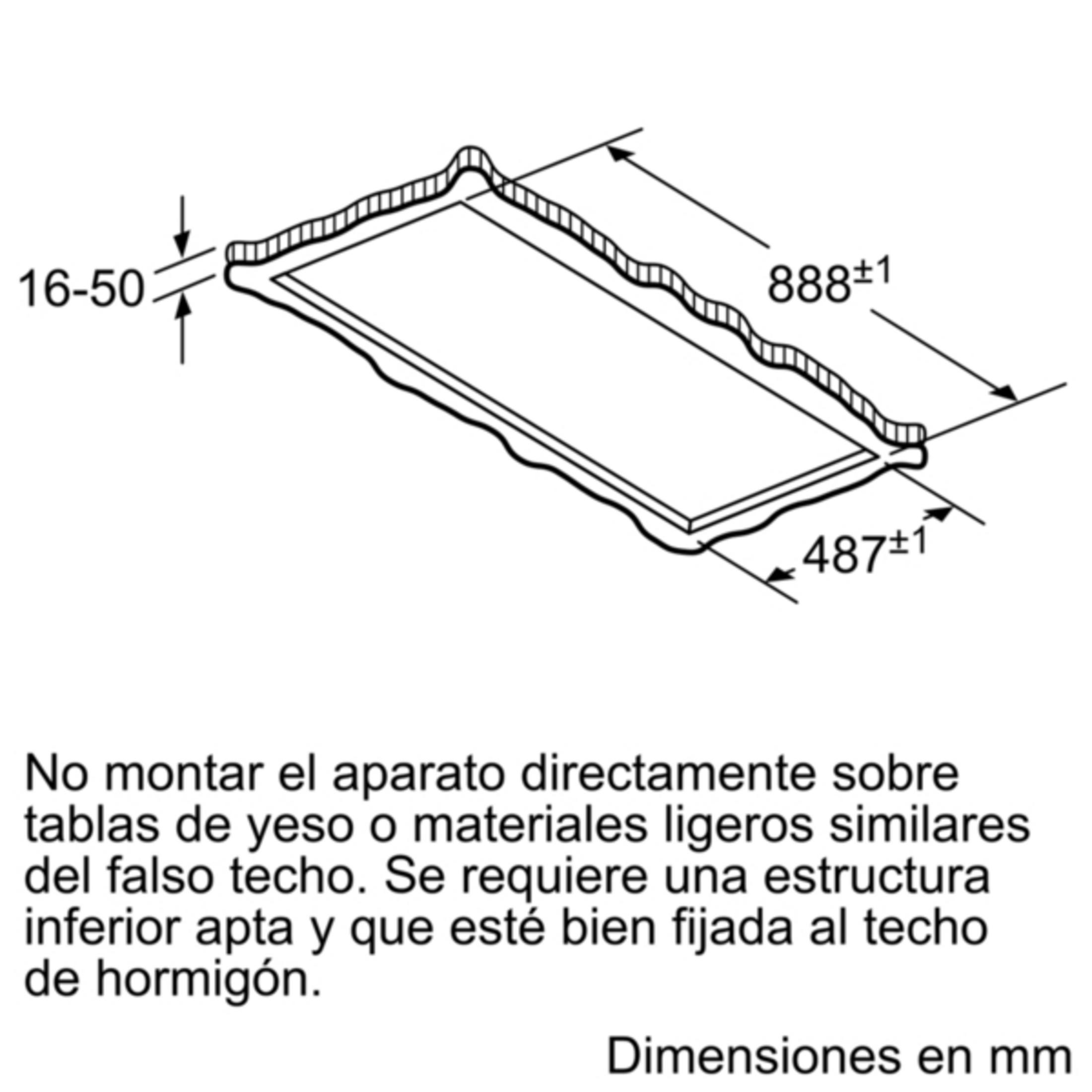 Dibujo técnico con medidas 16-50, 888±1 y 487±1. Nota de instalación.