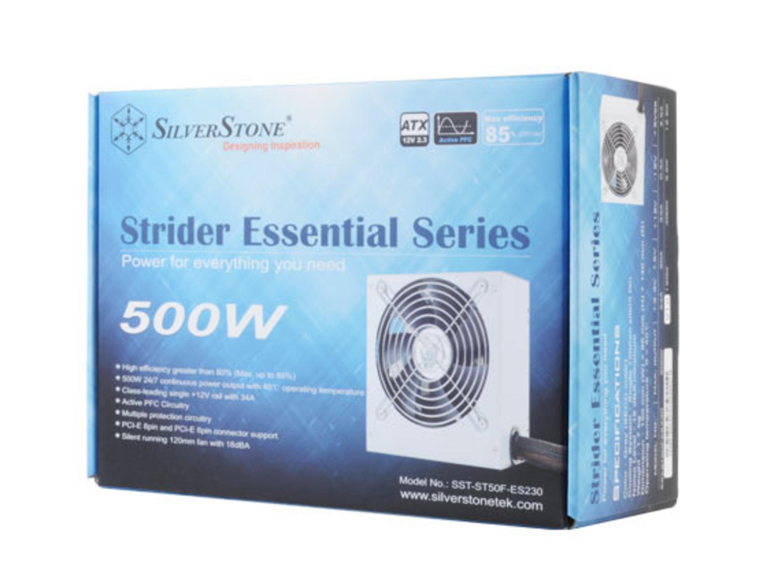 Confezione di un alimentatore Silverstone 500W Strider Essential Series.