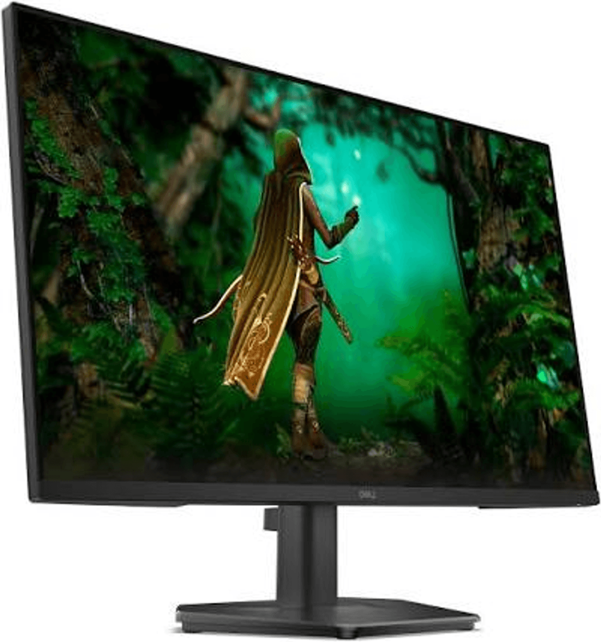 Una figura con capucha y capa en un bosque denso y verde con acentos brillantes.