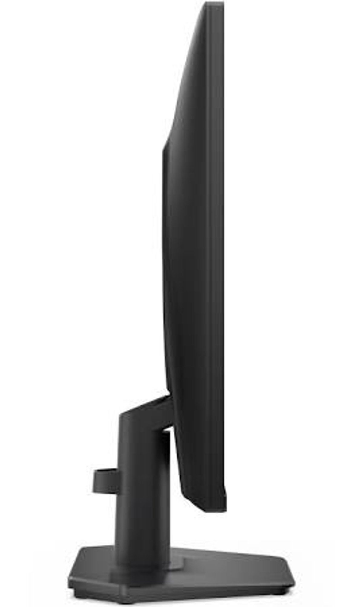 Un monitor de computadora negro sobre un soporte, visto de lado.