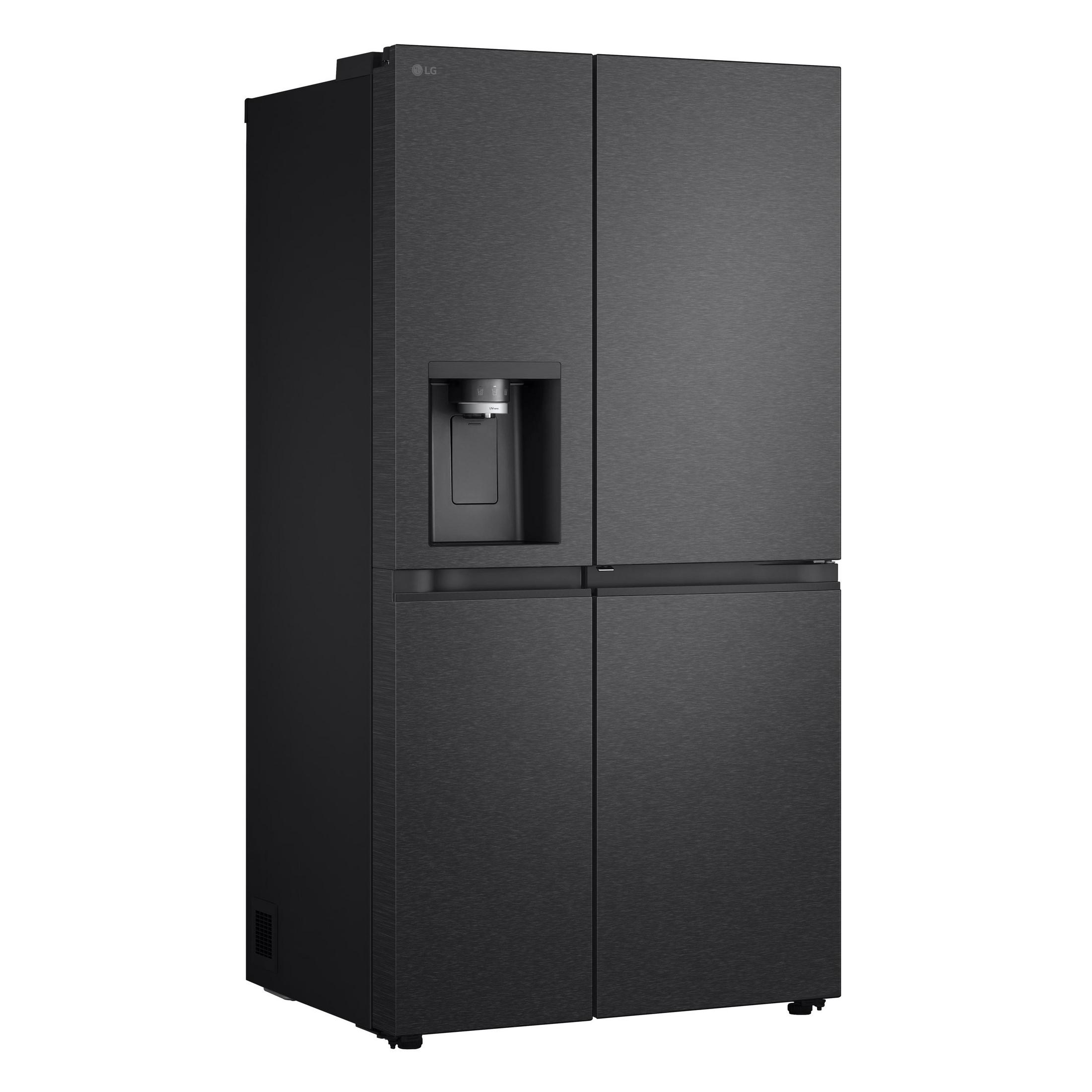 Ein schwarzer LG Kühlschrank mit vier Türen und Wasserspender.