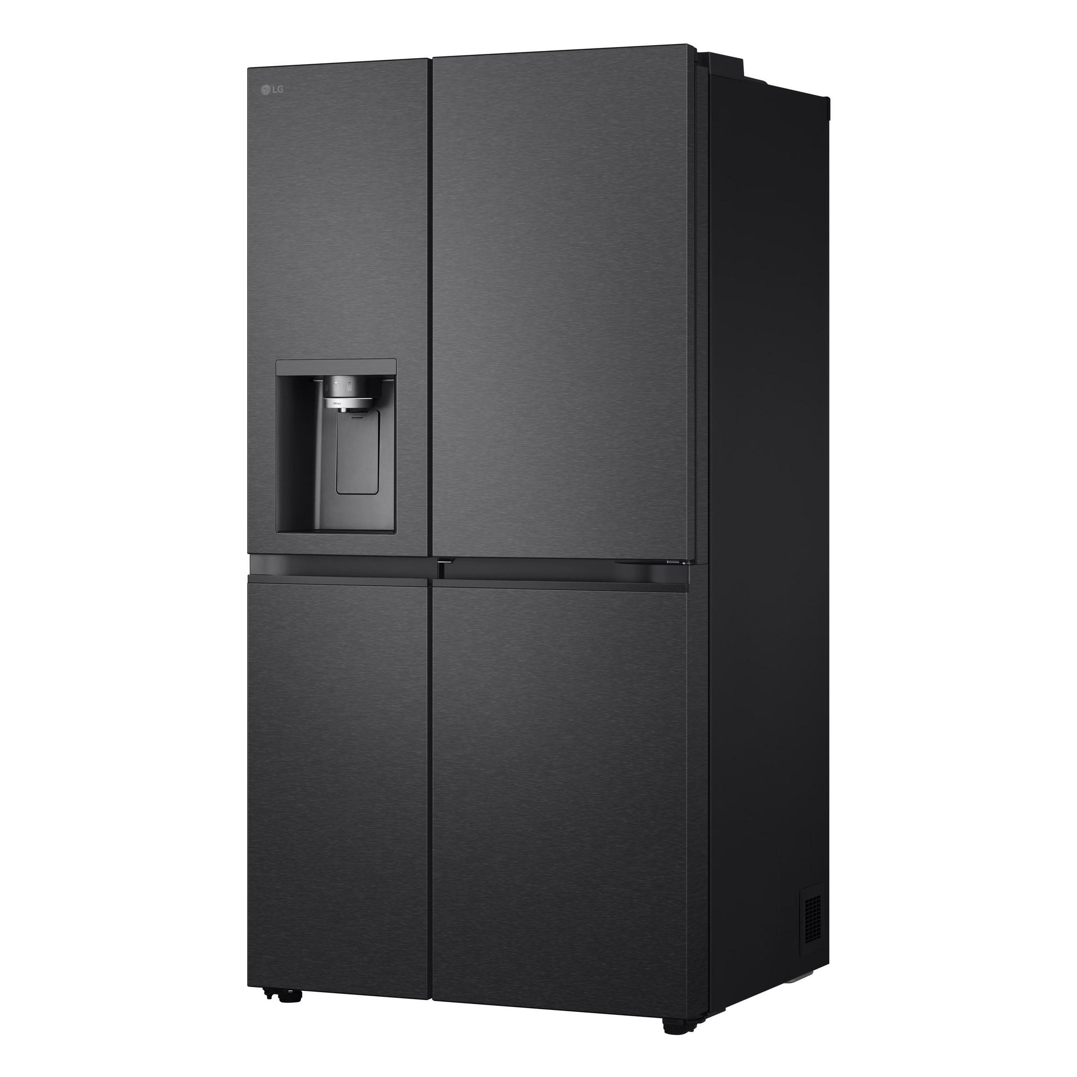 Ein schwarzer LG-Kühlschrank mit vier Türen und einem Wasserspender.