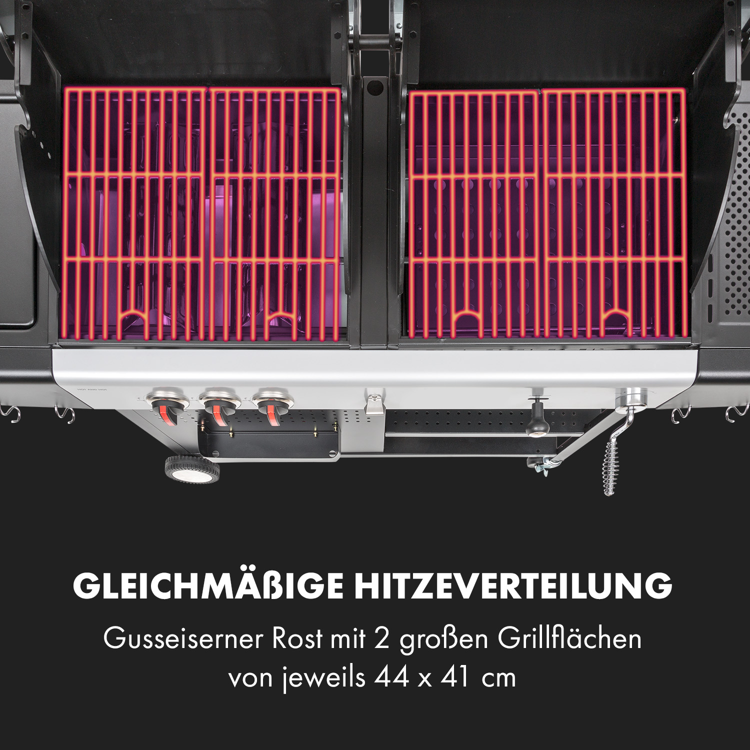 Zwei rote Grillroste mit gleichmäßiger Hitze. Unter ihnen sind lila Flammen zu sehen.