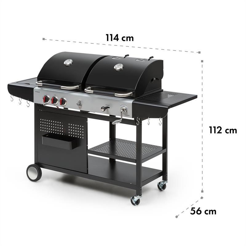 Ein schwarzer Gasgrill mit zwei Deckeln, silbernen Griffen und Bedienelementen.